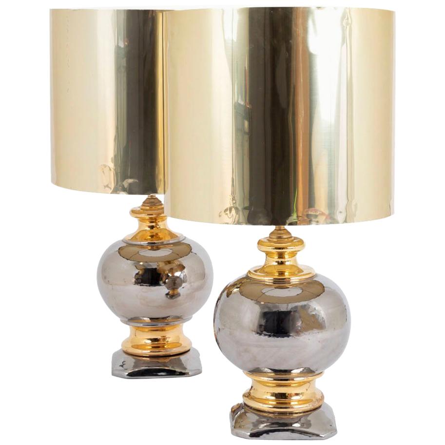 Paire de lampes à boules en céramique émaillée dorée et argentée, vers 1960 en vente
