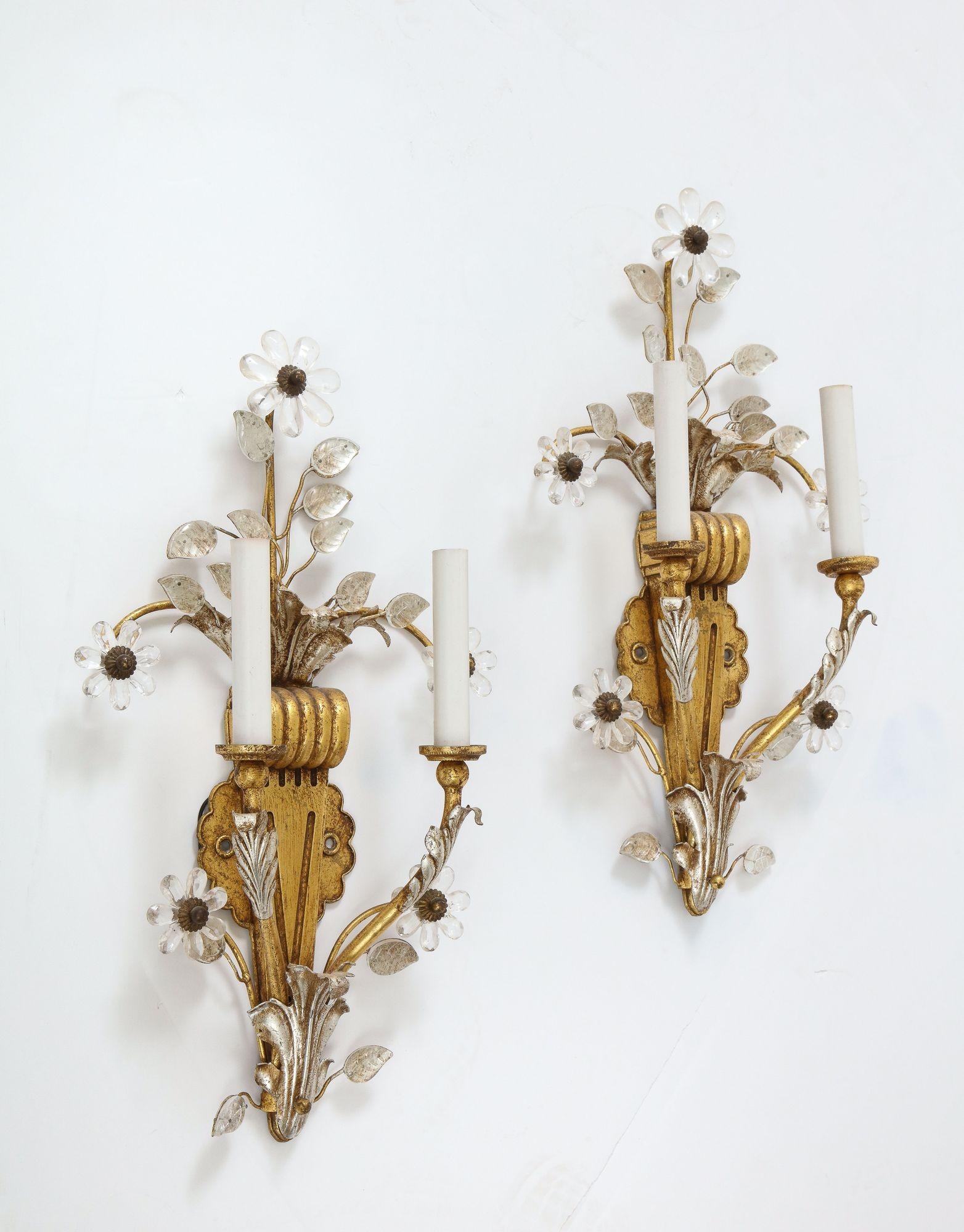 Hollywood Regency Pair of Gilt and Silvered Rock Crystal Floral Motif Sconces By Banci For Sale