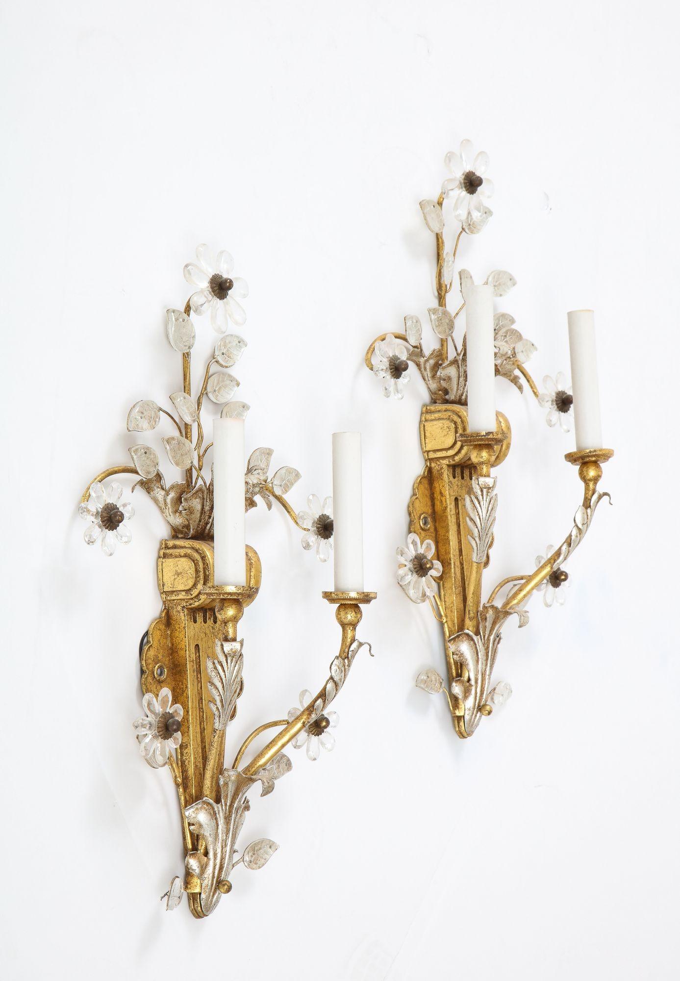 Italian Pair of Gilt and Silvered Rock Crystal Floral Motif Sconces By Banci For Sale