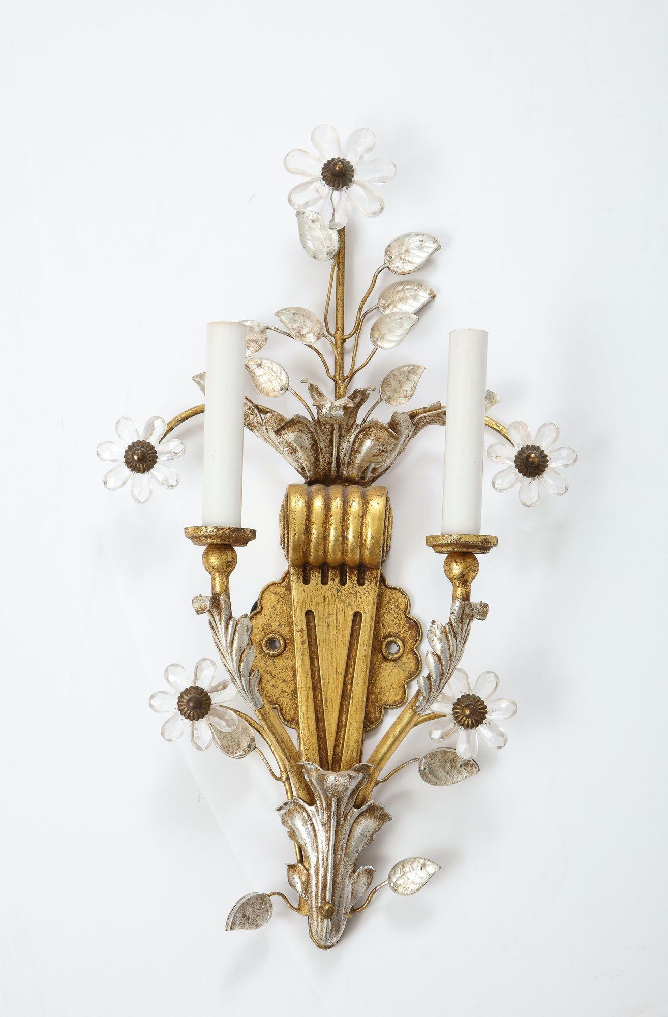 Pair of Gilt and Silvered Rock Crystal Floral Motif Sconces By Banci In Good Condition For Sale In New York, NY