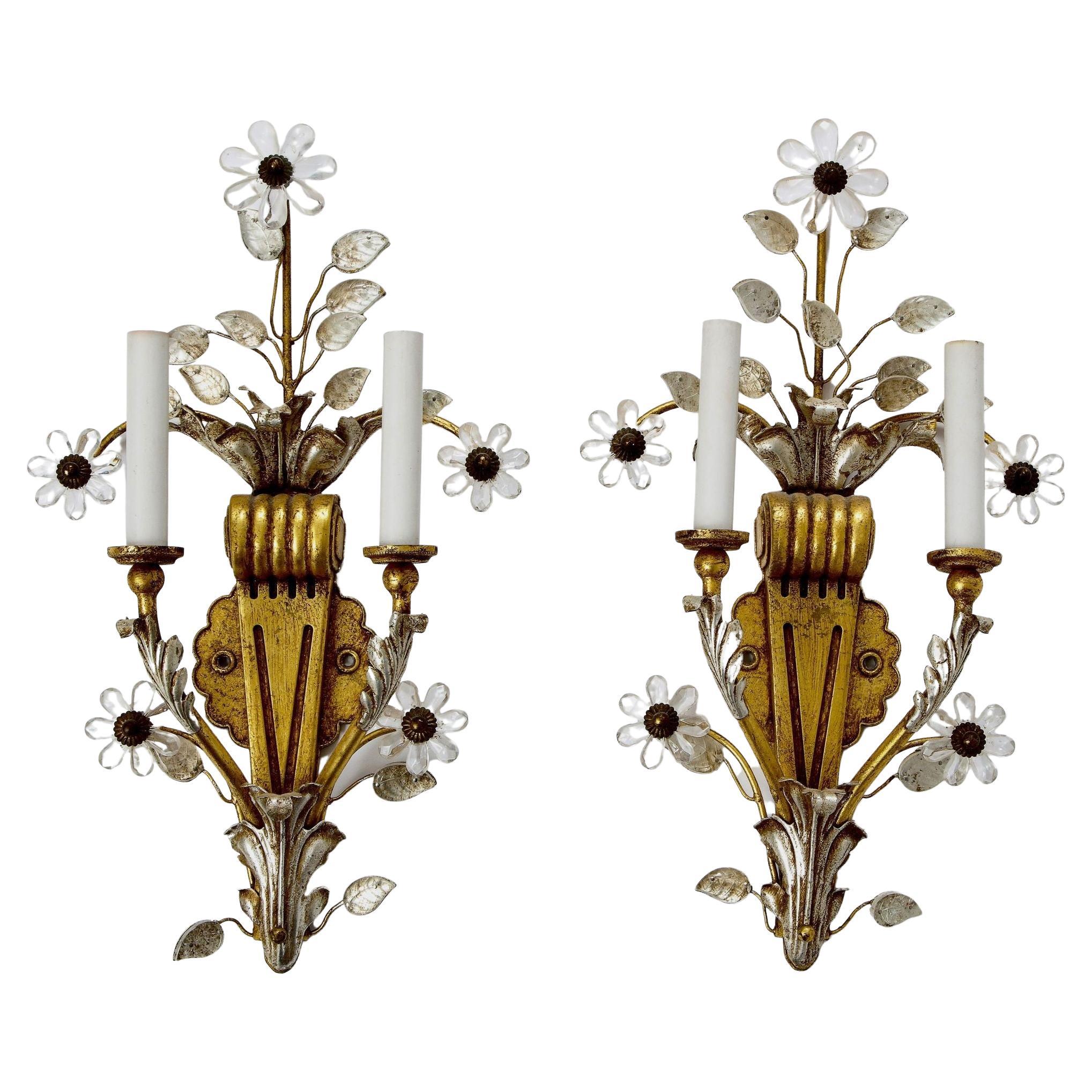 Pair of Gilt and Silvered Rock Crystal Floral Motif Sconces By Banci