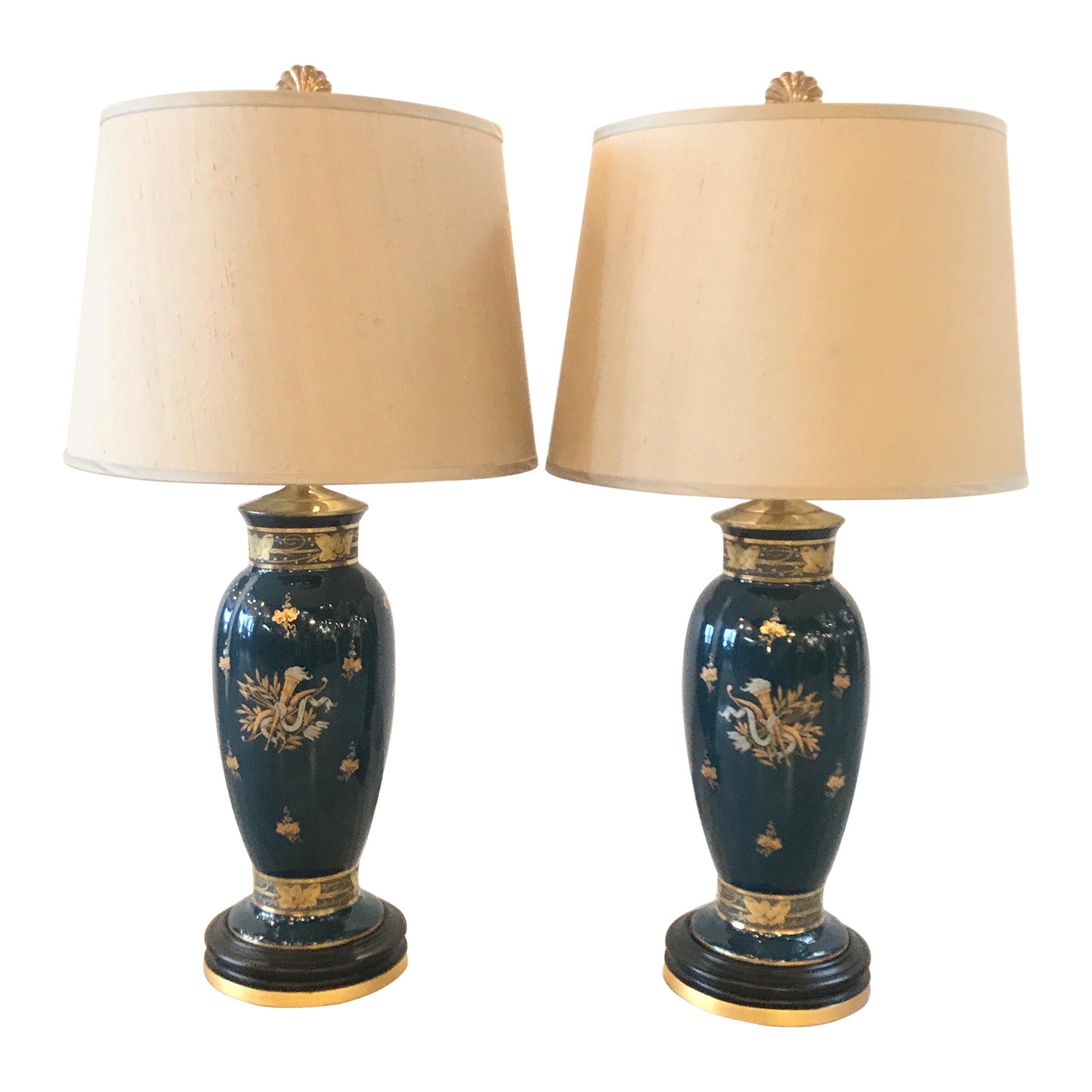 Pair of Gilt and Silvered Deep Teal Lamps