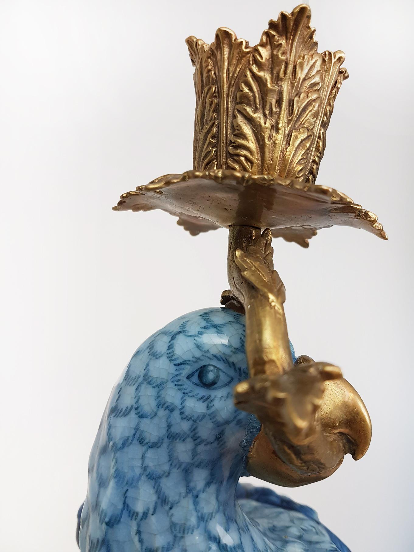 Pair of Gilt Art Nouveau Style Brass Porcelain Parrot Standing Candlesticks 6
