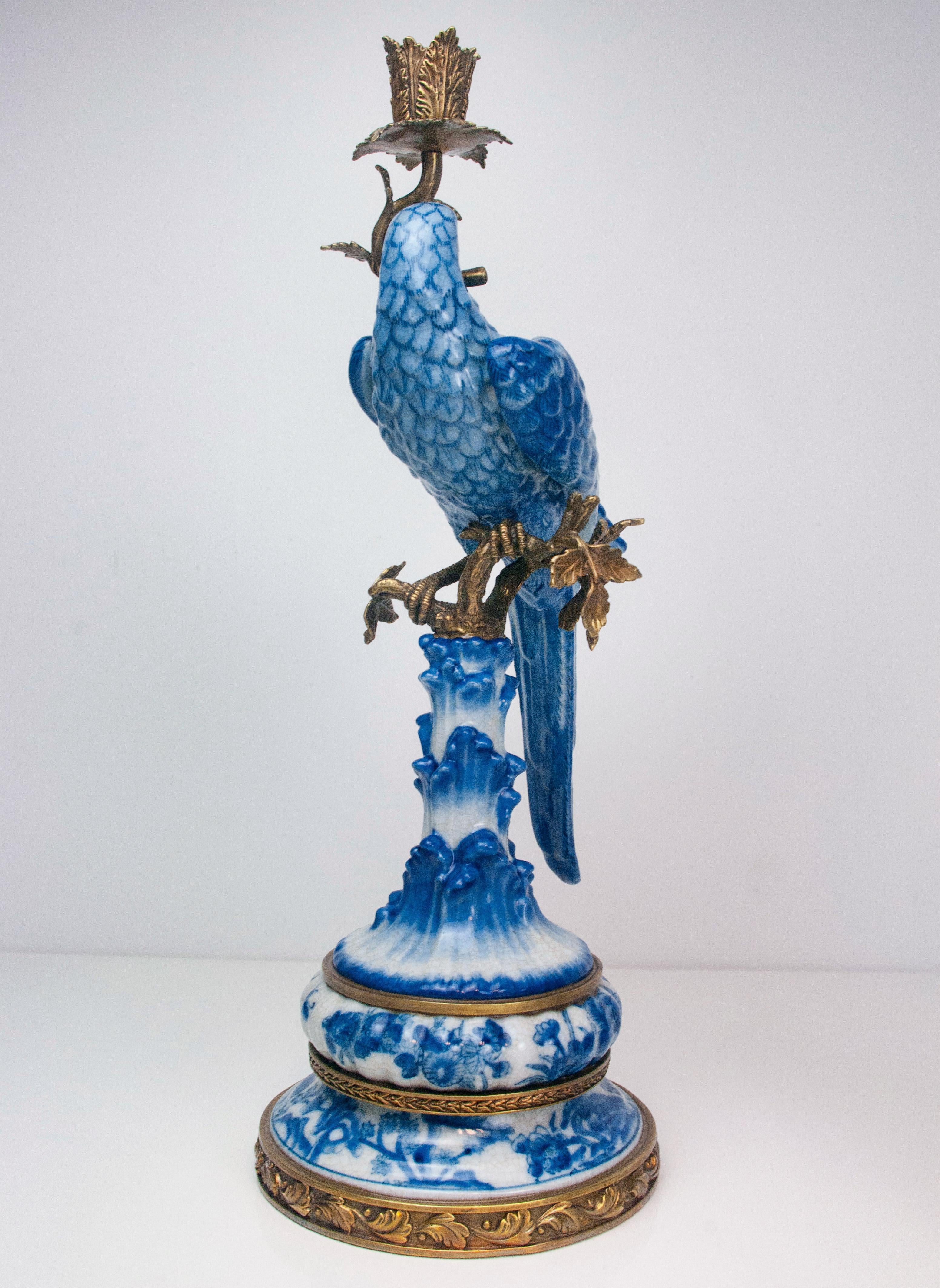 Pair of Gilt Art Nouveau Style Brass Porcelain Parrot Standing Candlesticks 11
