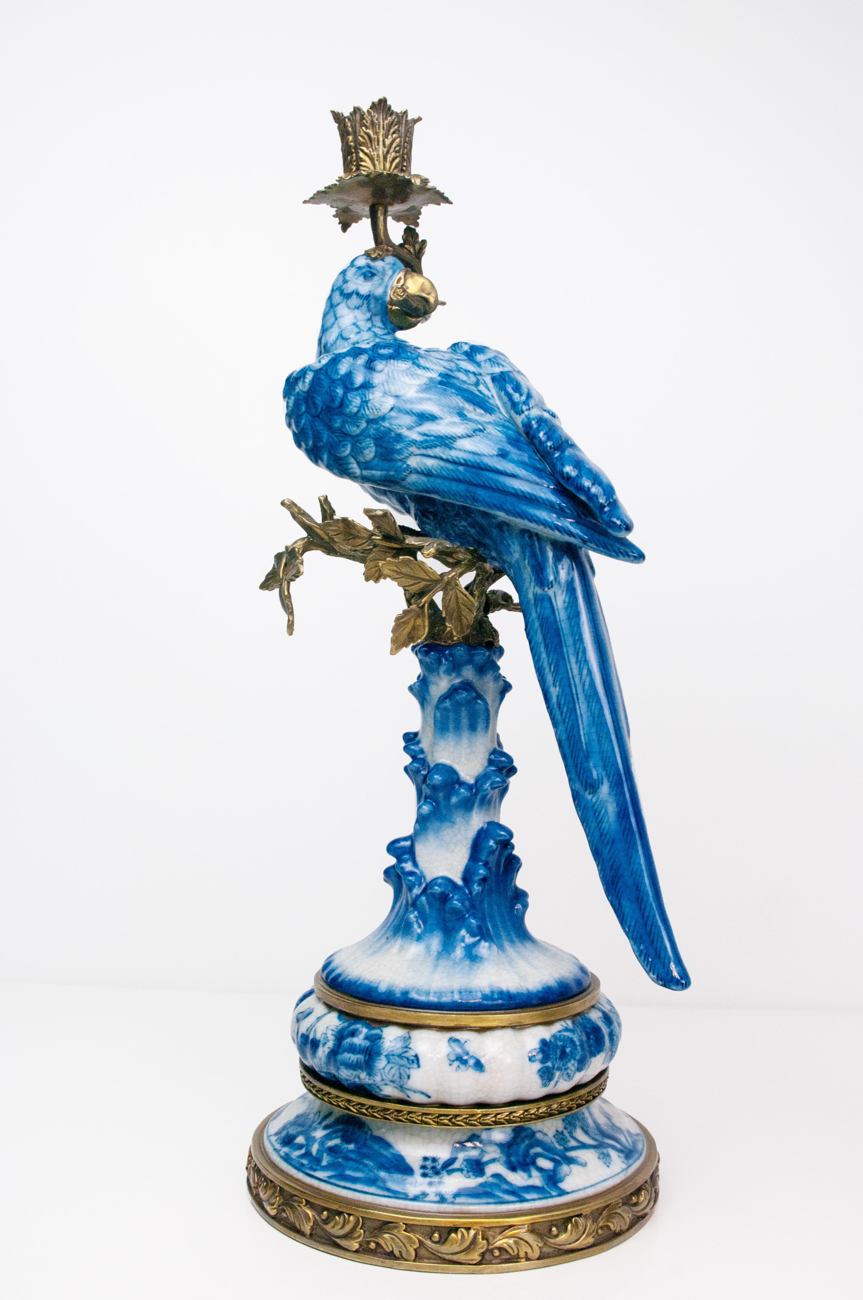 Pair of Gilt Art Nouveau Style Brass Porcelain Parrot Standing Candlesticks 12