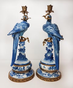 Pair of Gilt Art Nouveau Style Brass Porcelain Parrot Standing Candlesticks