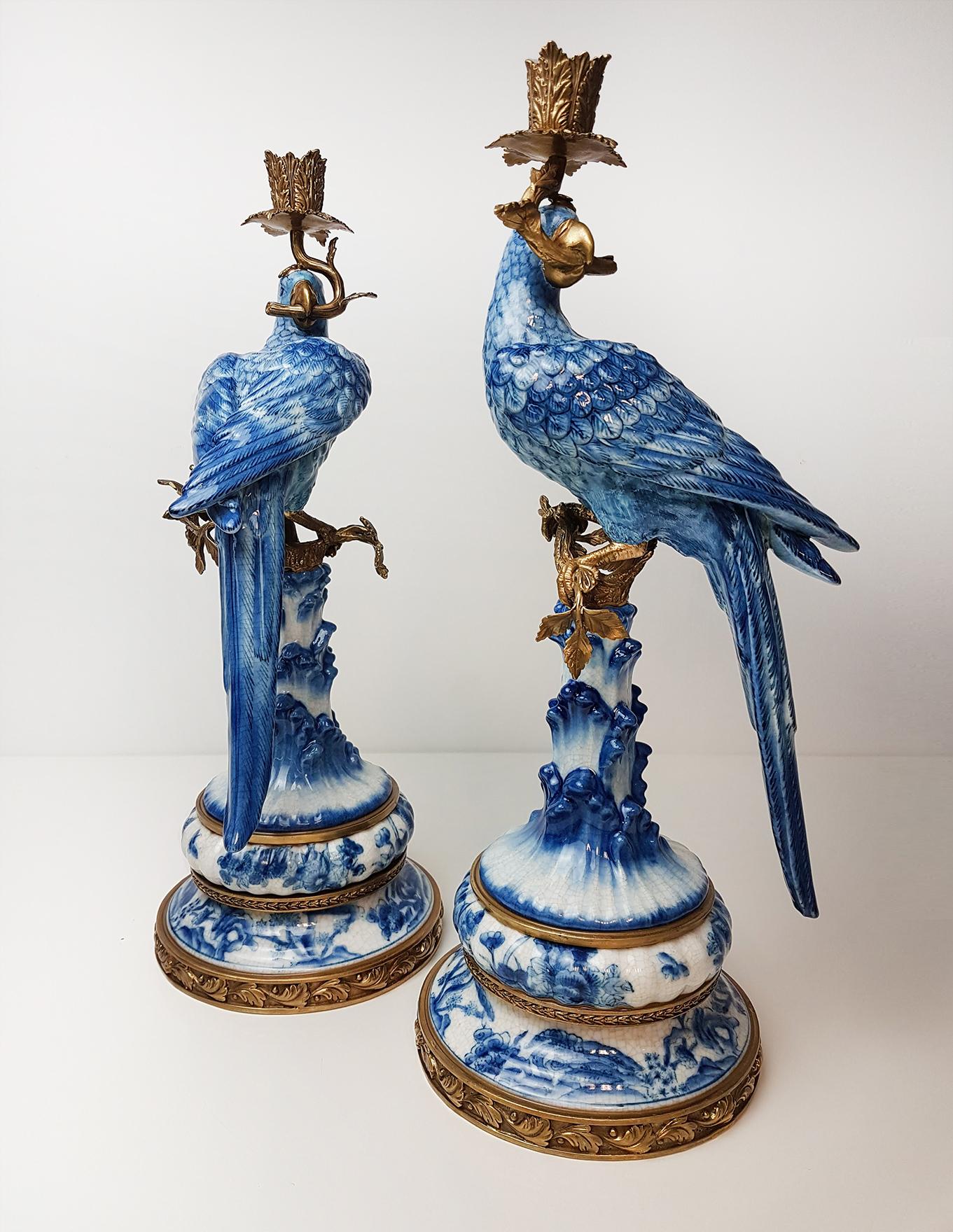 Late 20th Century Pair of Gilt Art Nouveau Style Brass Porcelain Parrot Standing Candlesticks