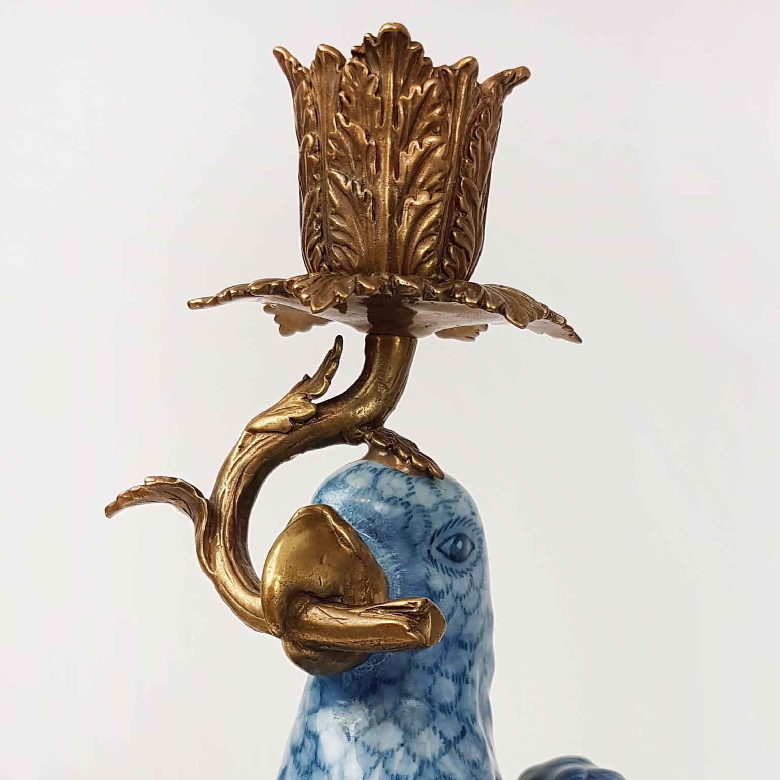 Pair of Gilt Art Nouveau Style Brass Porcelain Parrot Standing Candlesticks 1