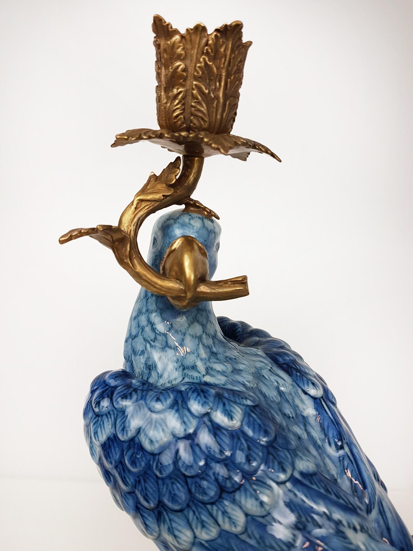 Pair of Gilt Art Nouveau Style Brass Porcelain Parrot Standing Candlesticks 2