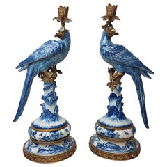 Pair of Gilt Art Nouveau Style Brass Porcelain Parrot Standing Candlesticks