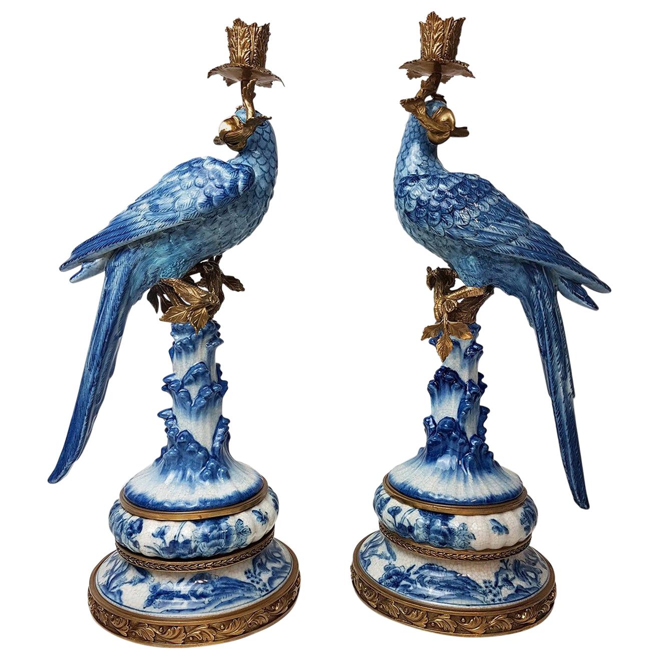 Pair of Gilt Art Nouveau Style Brass Porcelain Parrot Standing Candlesticks