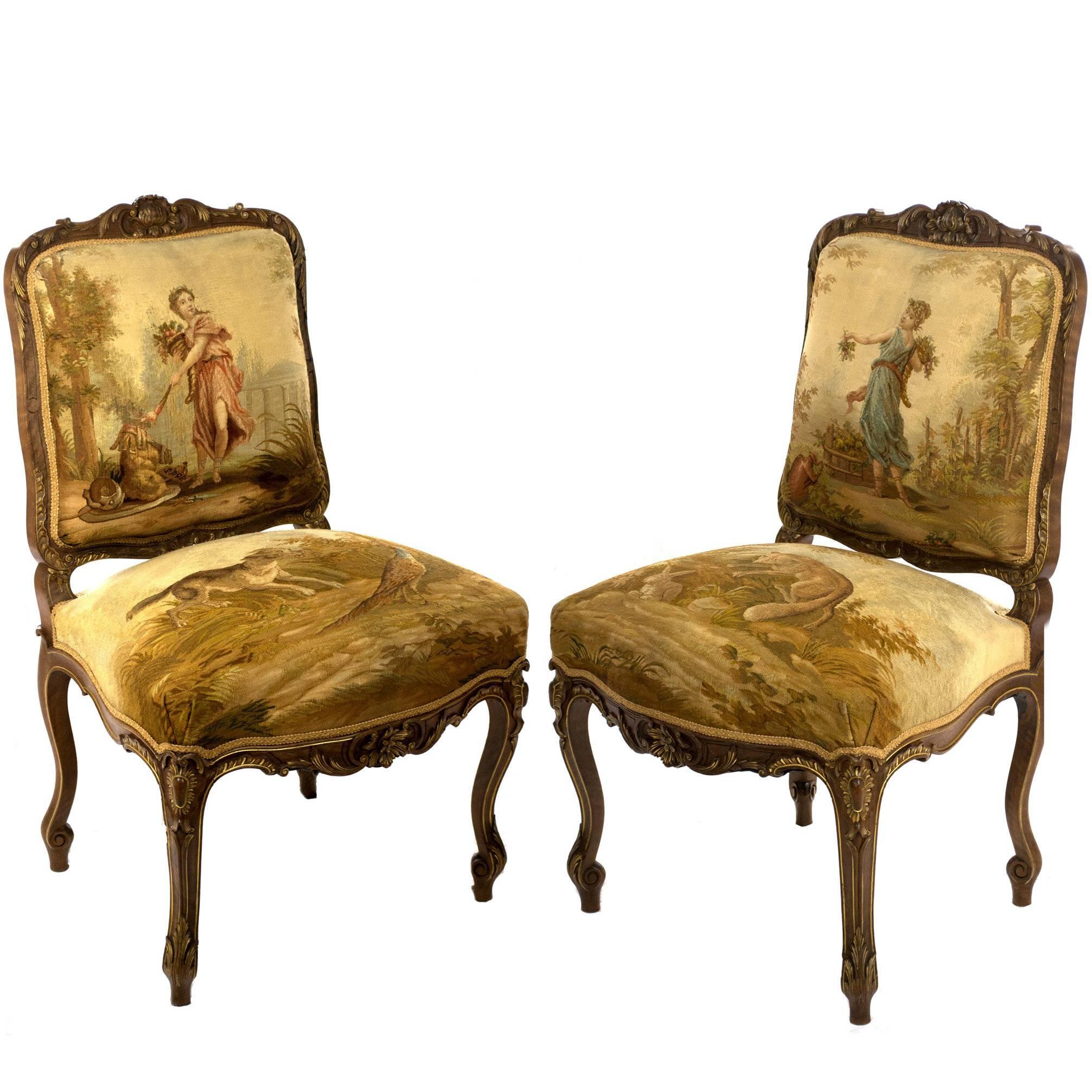 Pair of Parcel-gilt Aubusson Tapestry Walnut Side Chairs For Sale