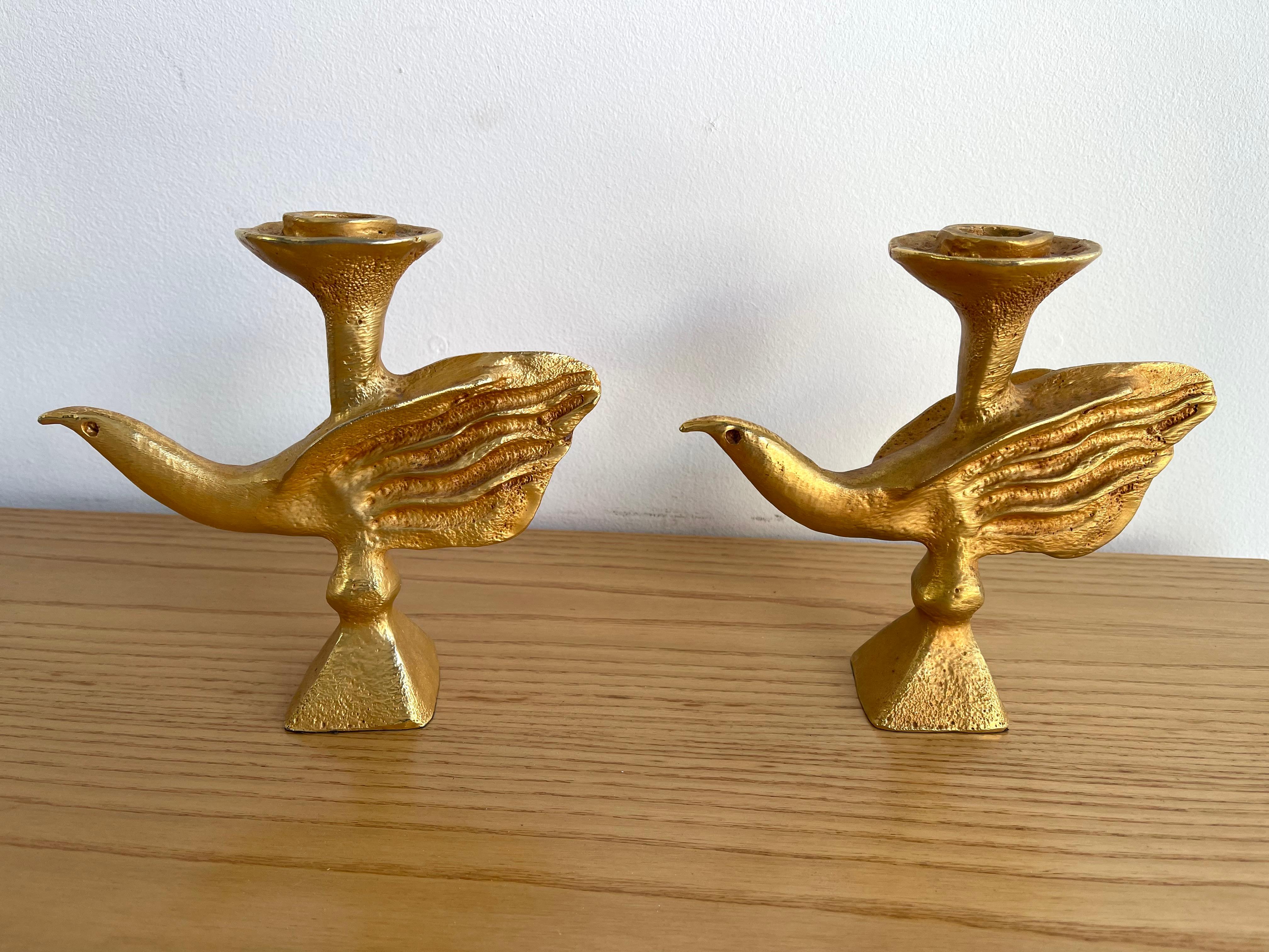 Brutalist Pair of Gilt Bird Candle Holders by Pierre Casenove for Fondica, France, 1980s