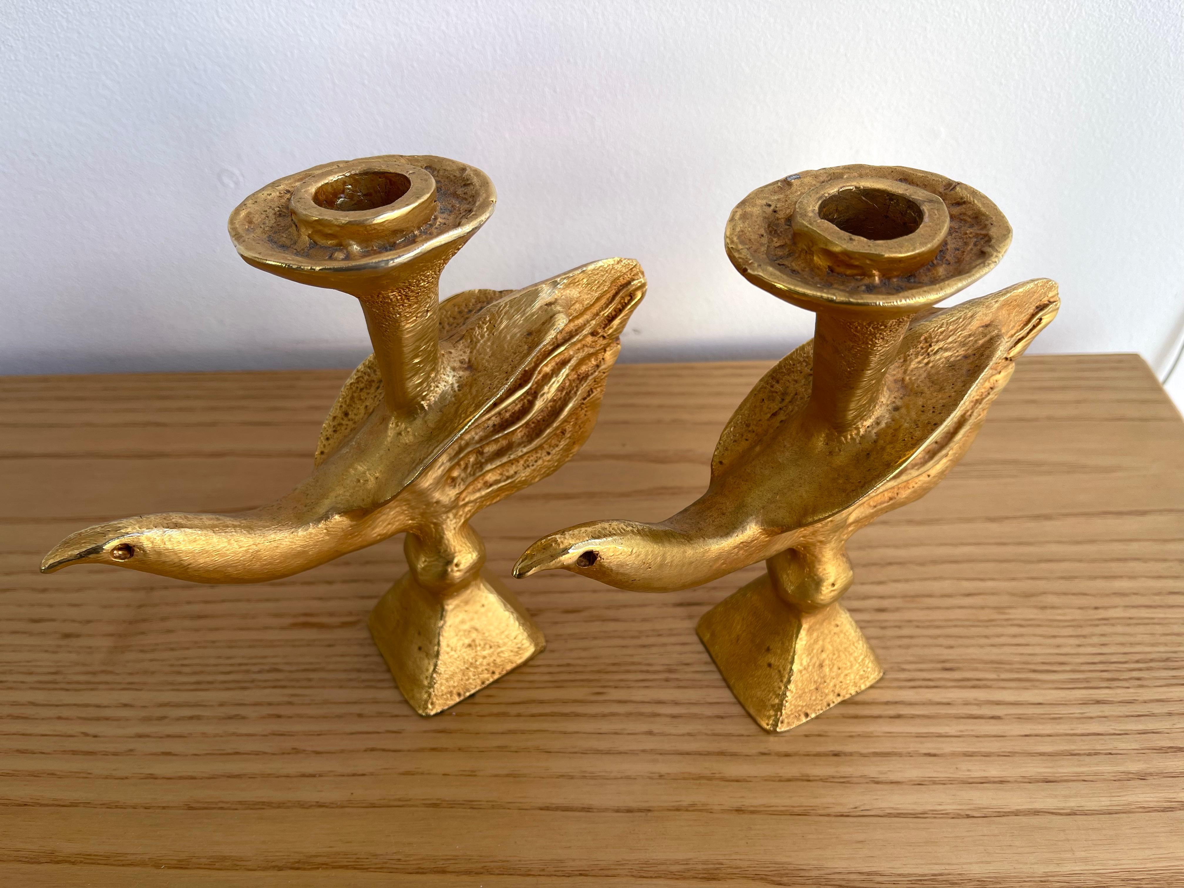 Pair of Gilt Bird Candle Holders by Pierre Casenove for Fondica, France, 1980s In Good Condition In SAINT-OUEN, FR