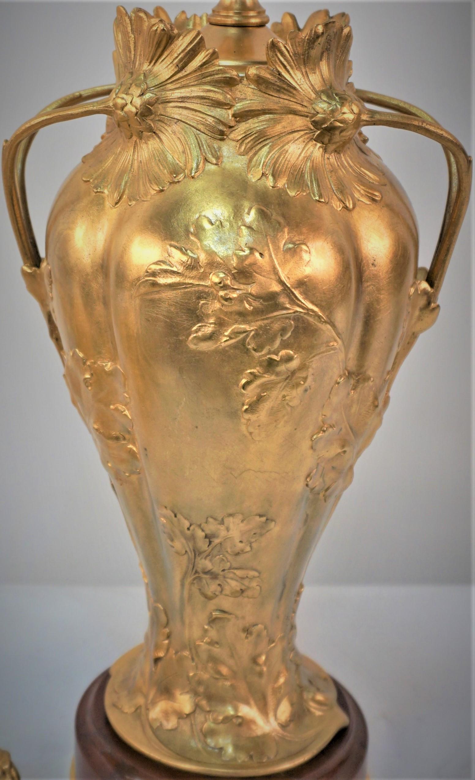 Silk Pair of Gilt Bonze Table Lamps by Ernest Sanglan, Thiébaut Freres For Sale