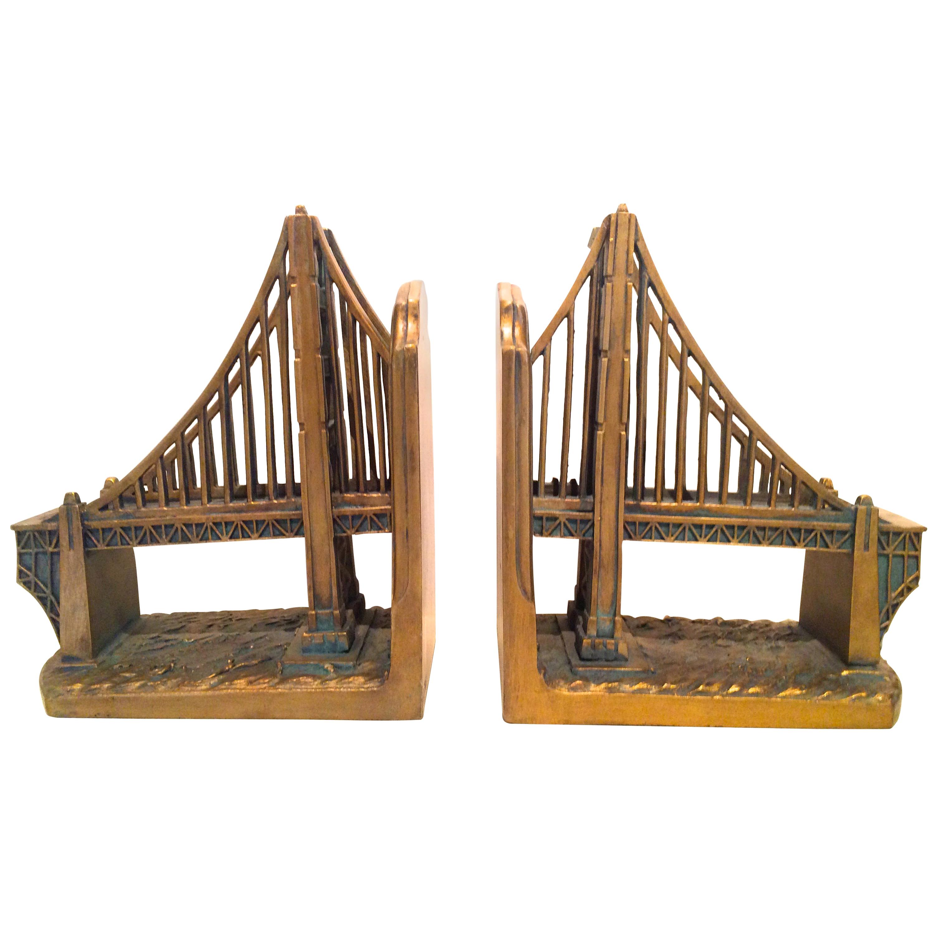 Pair of Gilt Bookends with Golden Gate Bridge Design