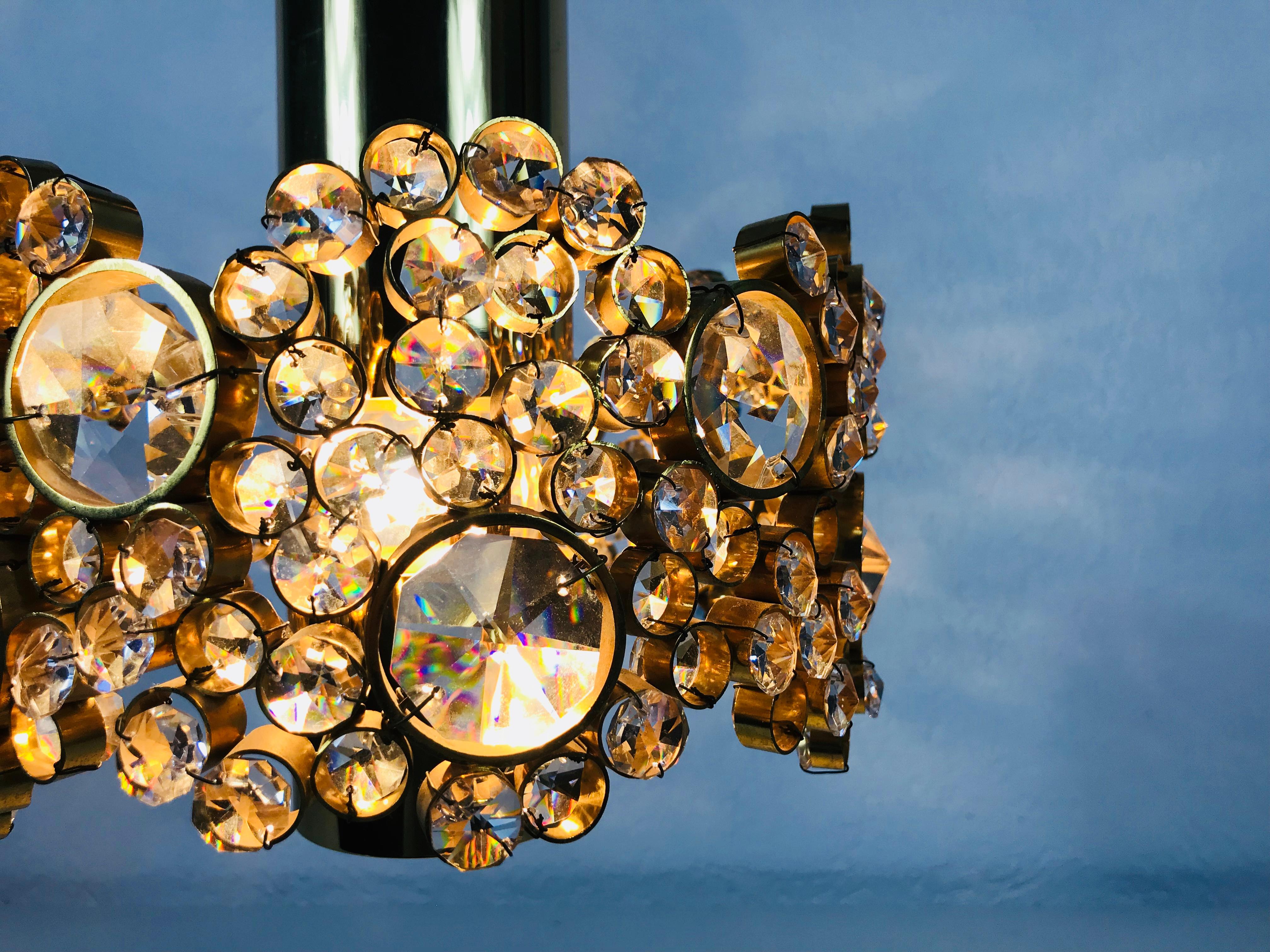 Pair of Gilt Brass and Crystal Glass Chandeliers by Palwa, Germany, 1970s For Sale 6