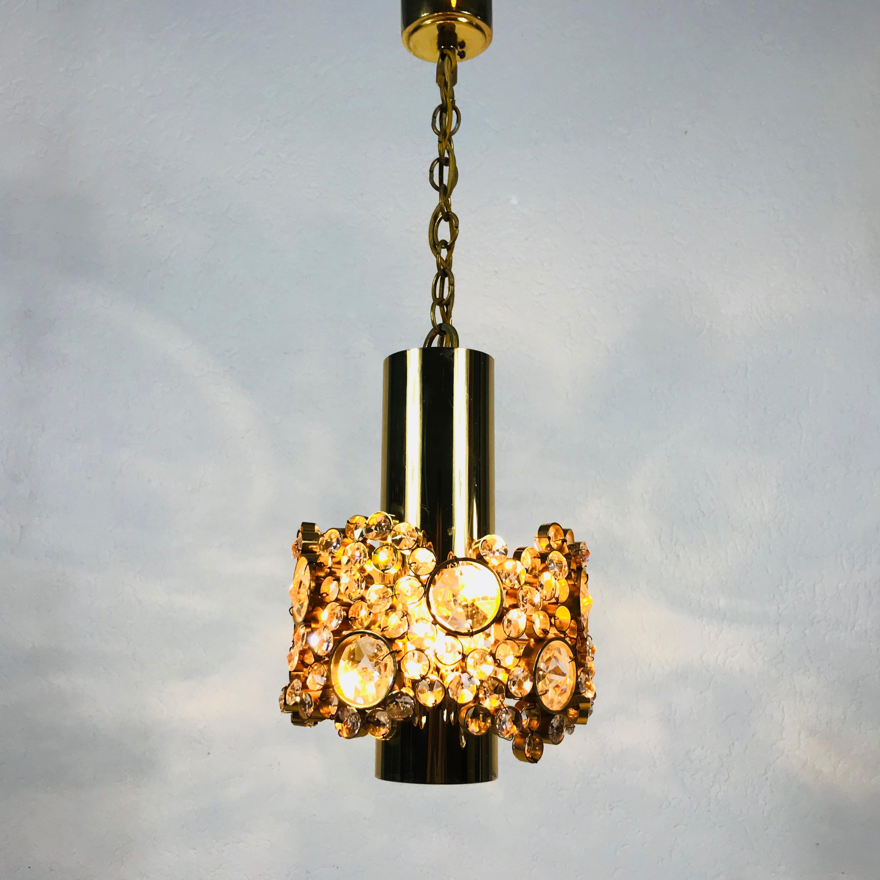 Pair of Gilt Brass and Crystal Glass Chandeliers by Palwa, Germany, 1970s For Sale 11
