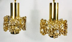 Pair of Gilt Brass and Crystal Glass Chandeliers by Palwa, Germany, 1970s