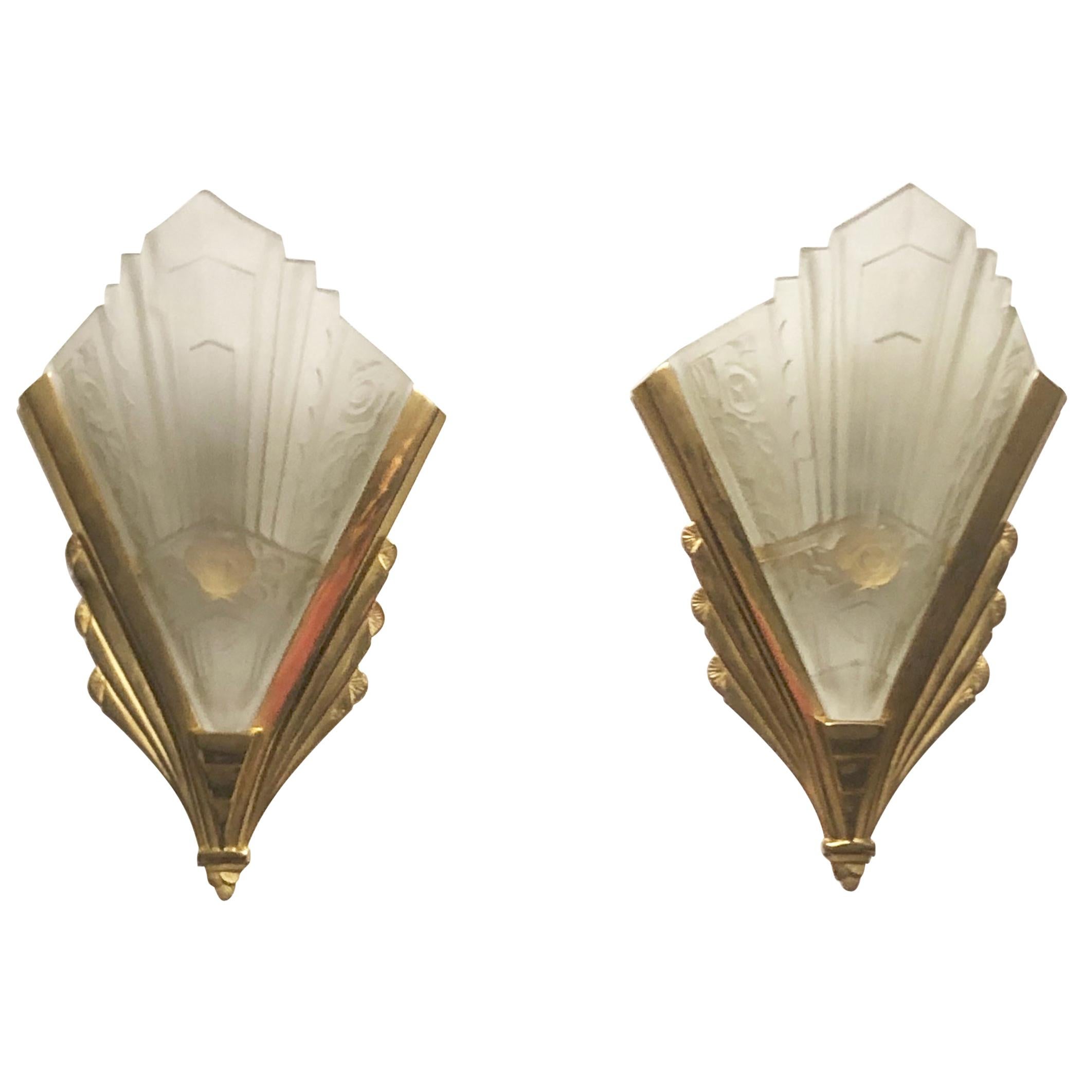 Pair of Gilt Brass and Glass Wall Sconces, Art Deco Style, France, circa 1970s