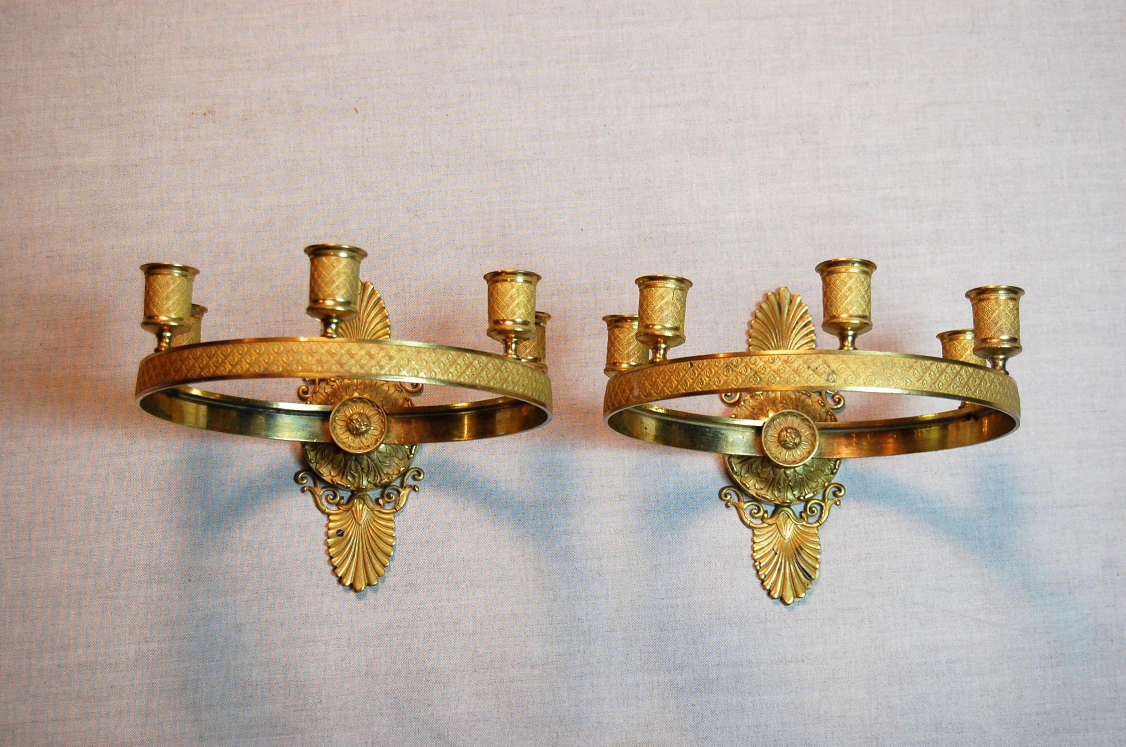 Pair of Gilt Brass Charles X Period French Empire Style Ring Form Sconces In Good Condition In Pittsburgh, PA