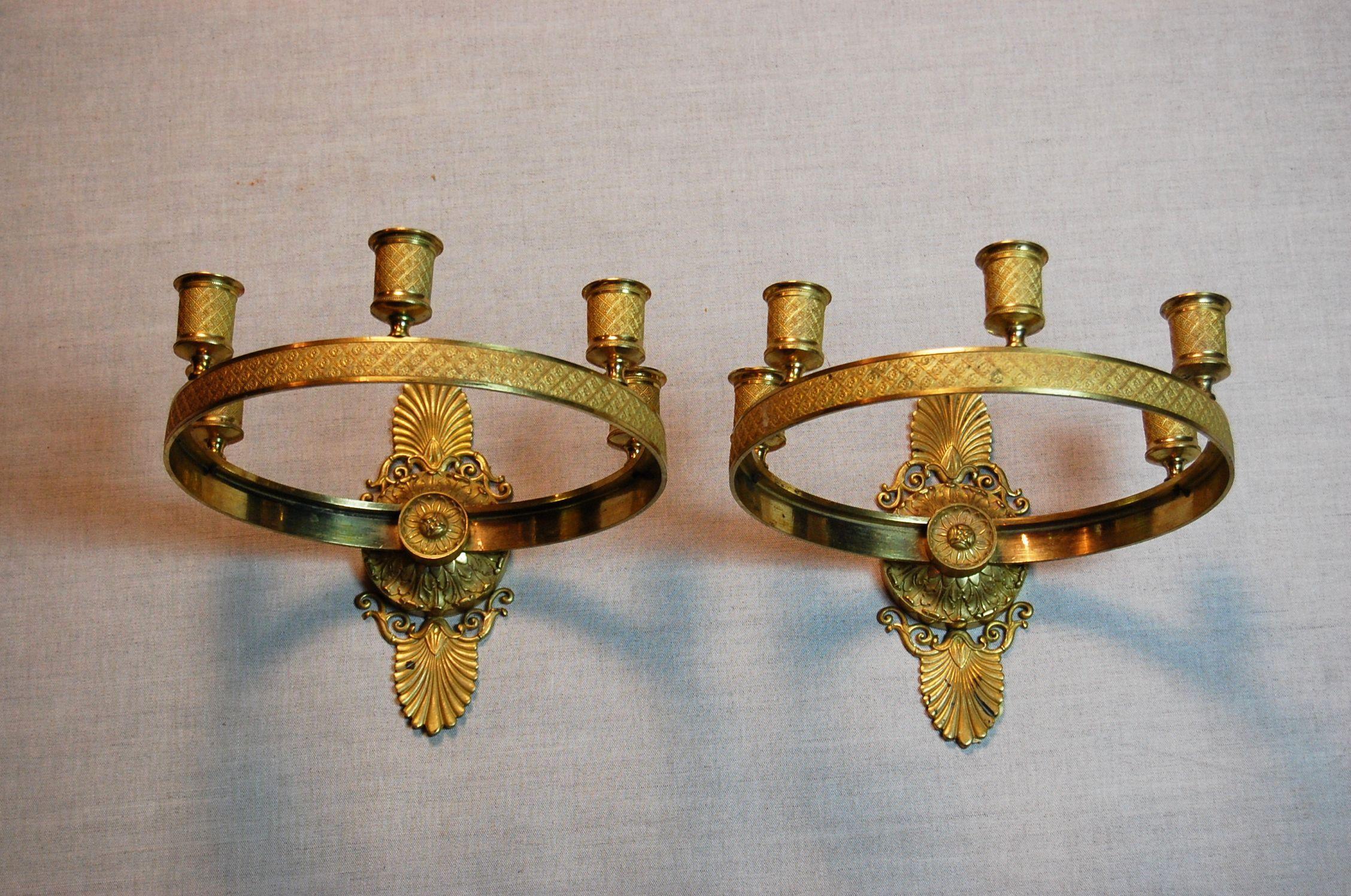19th Century Pair of Gilt Brass Charles X Period French Empire Style Ring Form Sconces