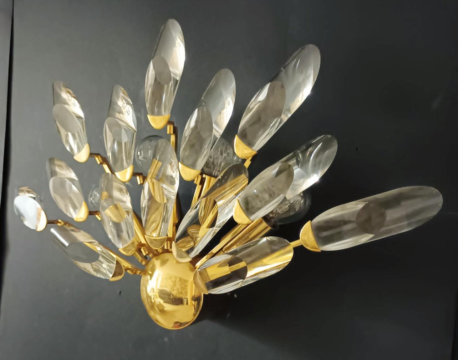 Italian Pair of Gilt Brass Crystal Sconces by Stilkronen For Sale