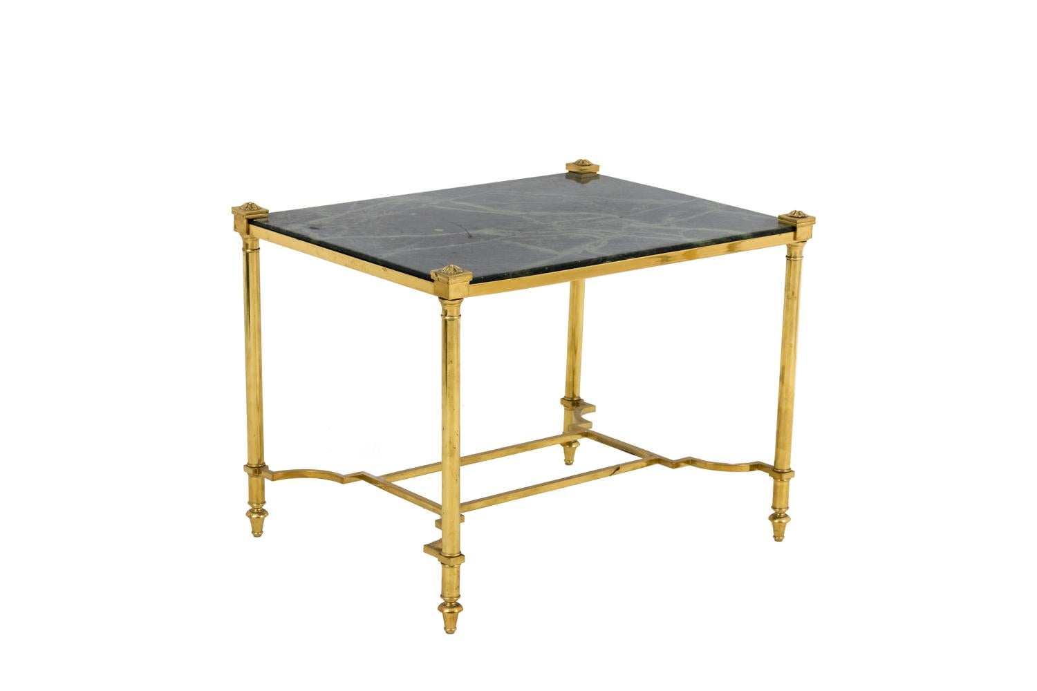 Pair of rectangular gilt brass end tables with green marble top. They're standing on four tubular legs finished by toupie foot and linked between them by a rectangular stretcher fixed to the legs by four scalloped bars. Green Patricia marble tray