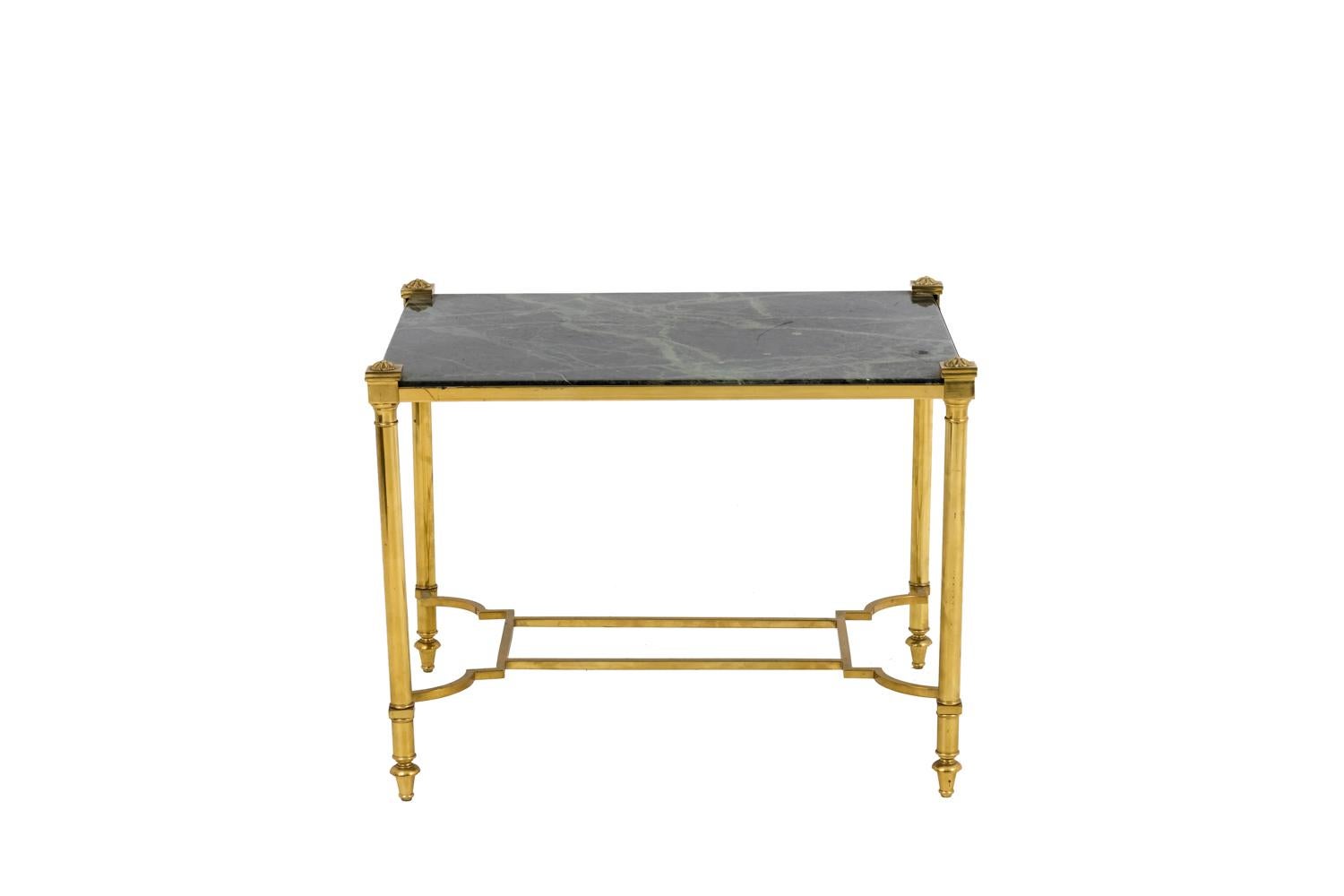 French Pair of Gilt Brass End Tables with Green Marble, 1970s