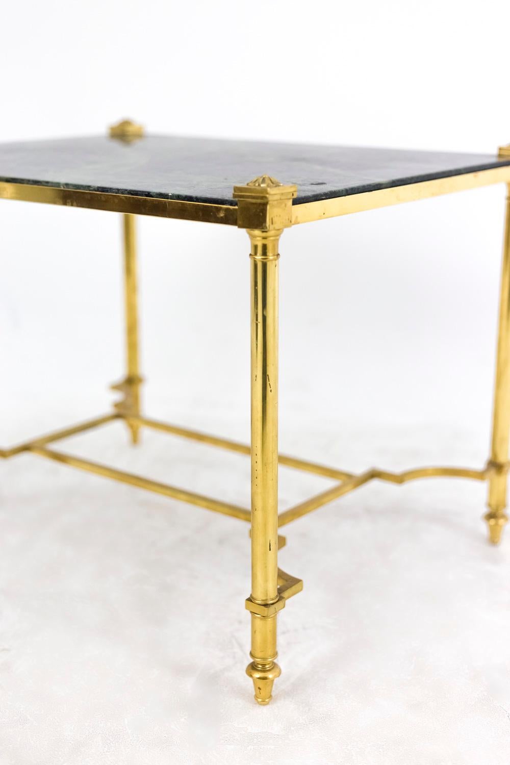 Late 20th Century Pair of Gilt Brass End Tables with Green Marble, 1970s