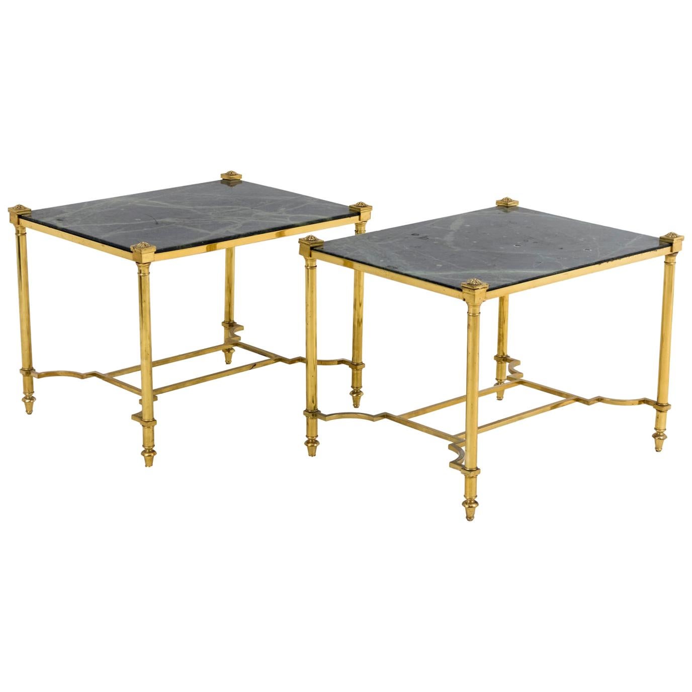 Pair of Gilt Brass End Tables with Green Marble, 1970s