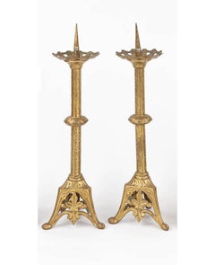 Pair of gilt brass European Gothic Revival pricket candlesticks