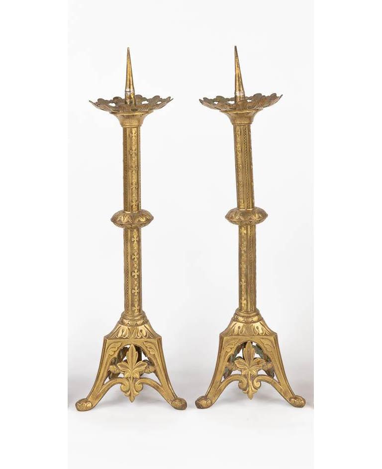 Belgian Pair of gilt brass European Gothic Revival pricket candlesticks  For Sale