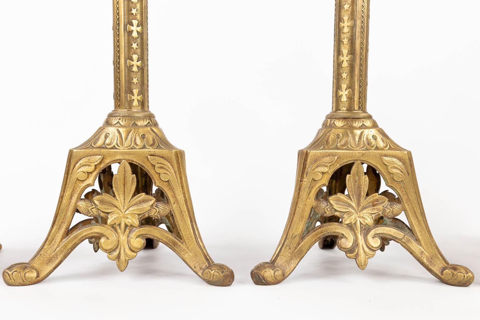 Cast Pair of gilt brass European Gothic Revival pricket candlesticks  For Sale