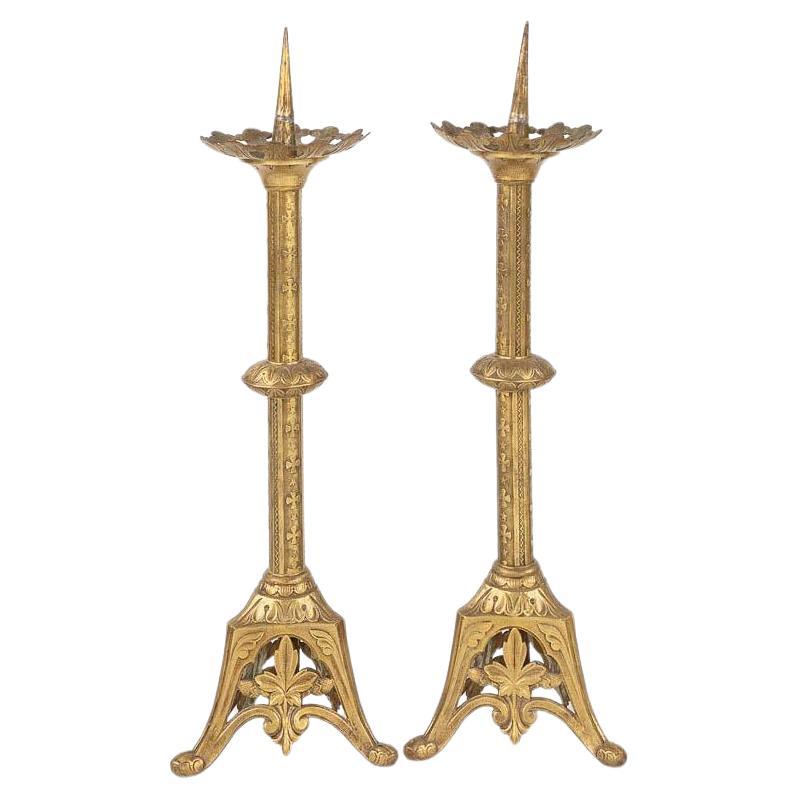 Pair of gilt brass European Gothic Revival pricket candlesticks  For Sale