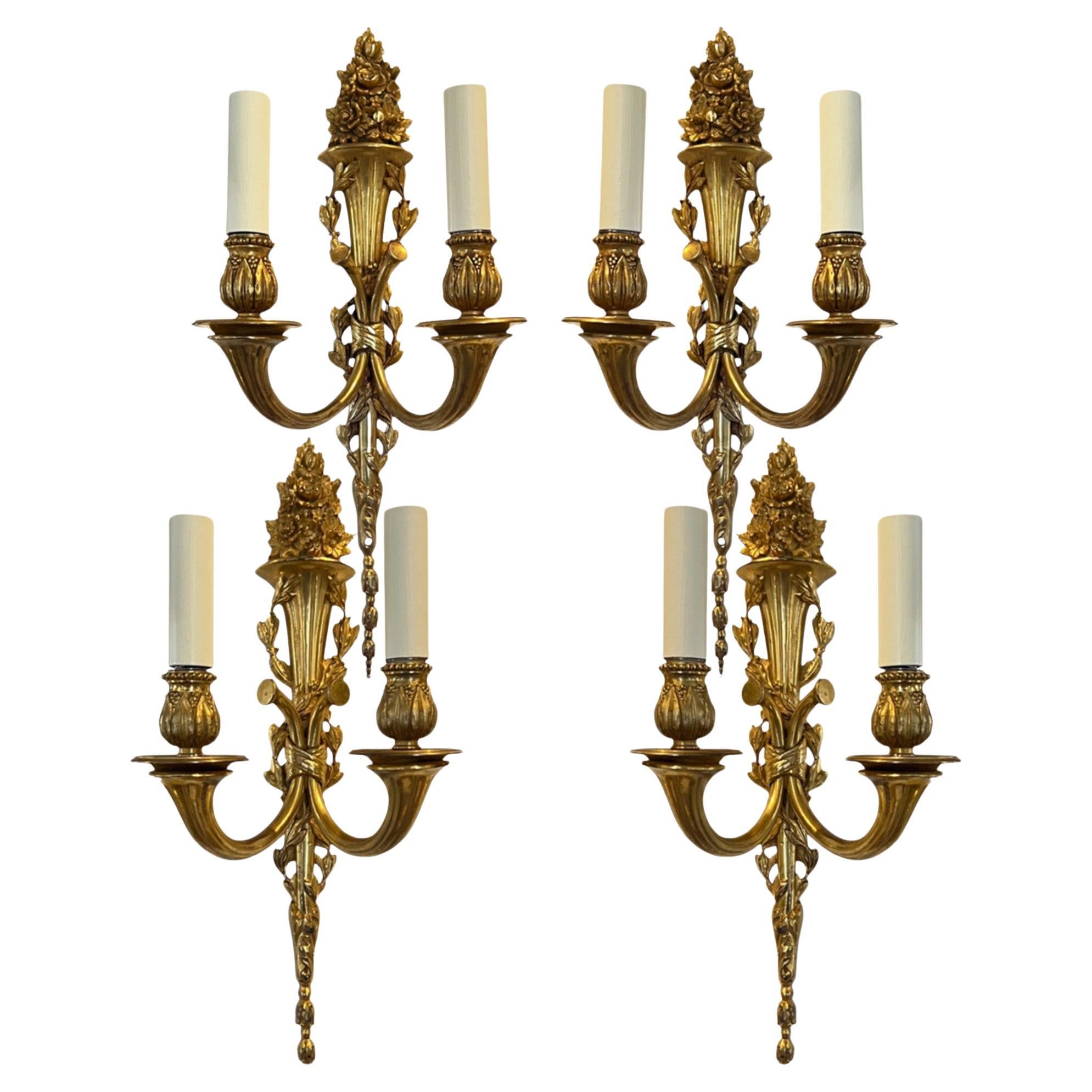 Pair of Gilt Brass French 1950s Wall Sconces - Two Pairs Available For Sale