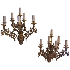 Antique Pair of Gilt Brass Gothic Revival Five Branch Six Light Wall Sconces with Stylis
