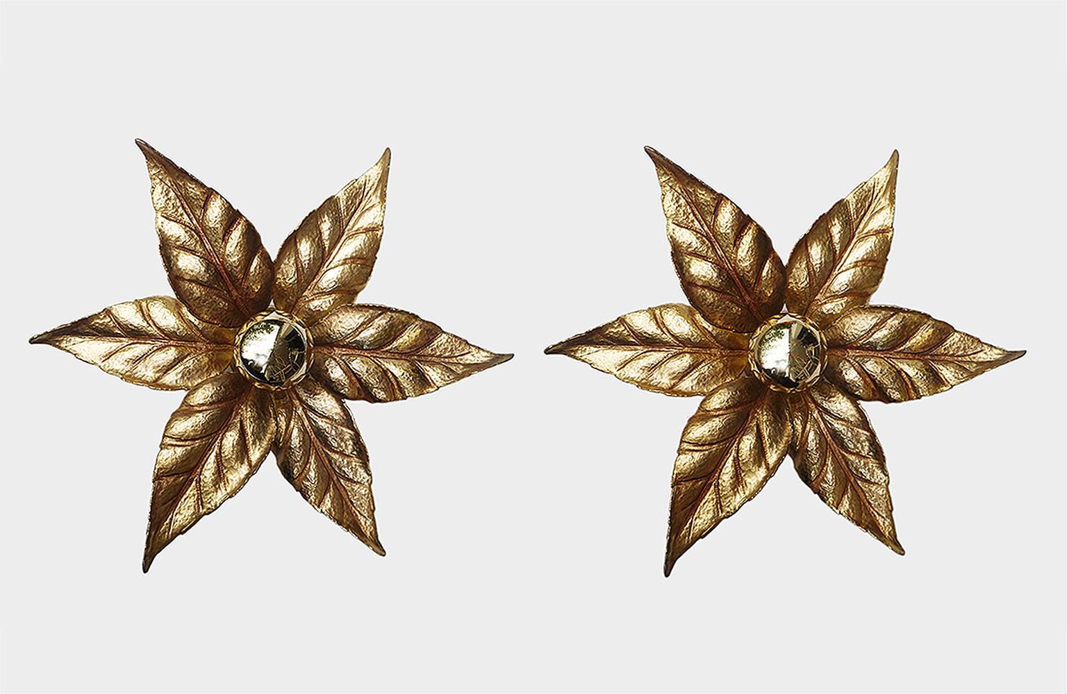 Elegant golden brass wall lights with six textured leaves. Designed by Willy Daro. Manufactured by Massive Lighting, Belgium in the 1970s. 

Design: Willy Daro. 
Colors: golden. 
Materials: gilt-brass. 
Manufacturer: Massive Lighting. 
Country of