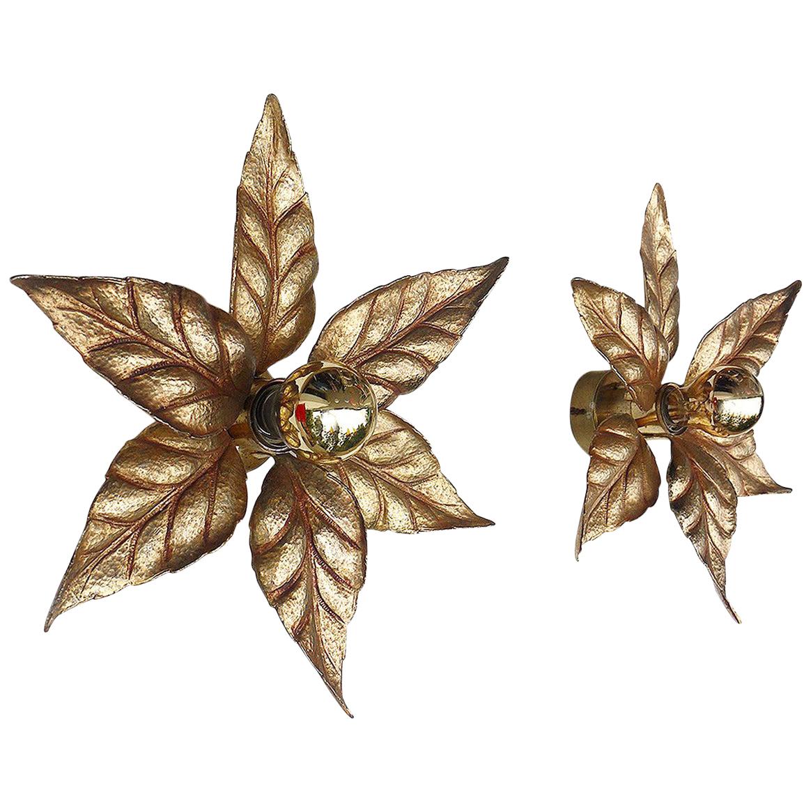 1 (of 2) Pair of 1970 Belgium Willy Daro Massive Wall Sconce Brass Leaves