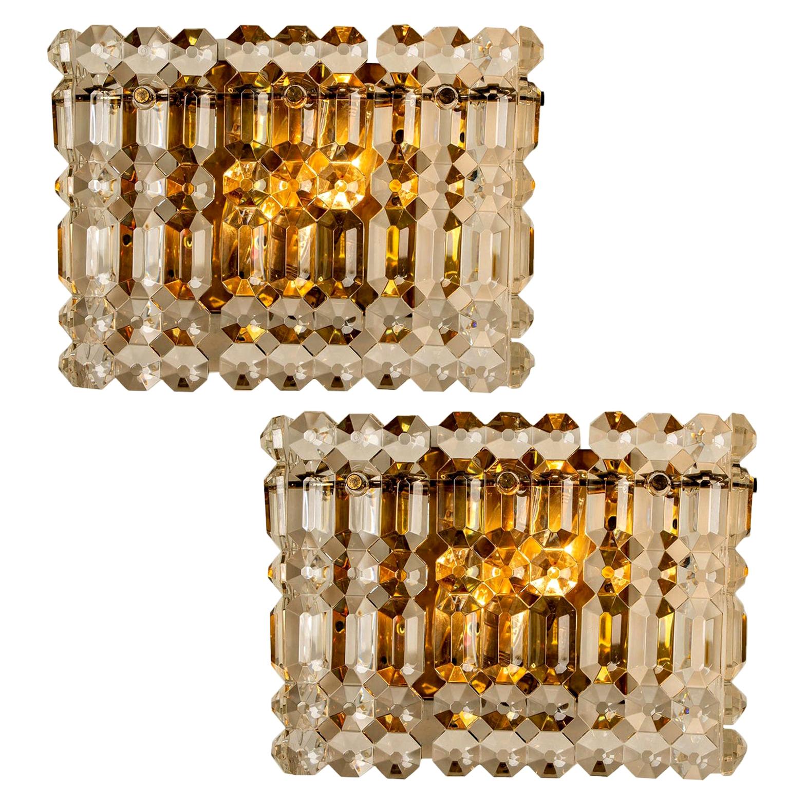 Pair of Gilt Brass Metal Crystal Glass Sconces Wall Lights Kinkeldey, 1970s For Sale