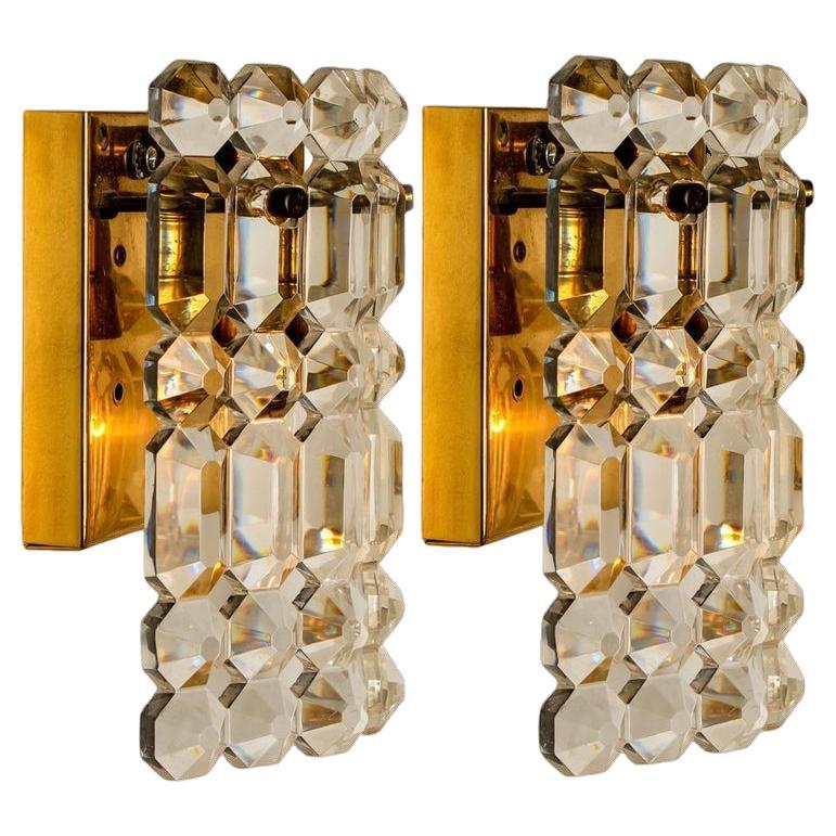 Pair of Gilt Brass Metal Crystal Glass Sconces Wall Lights Kinkeldey, 1970s For Sale