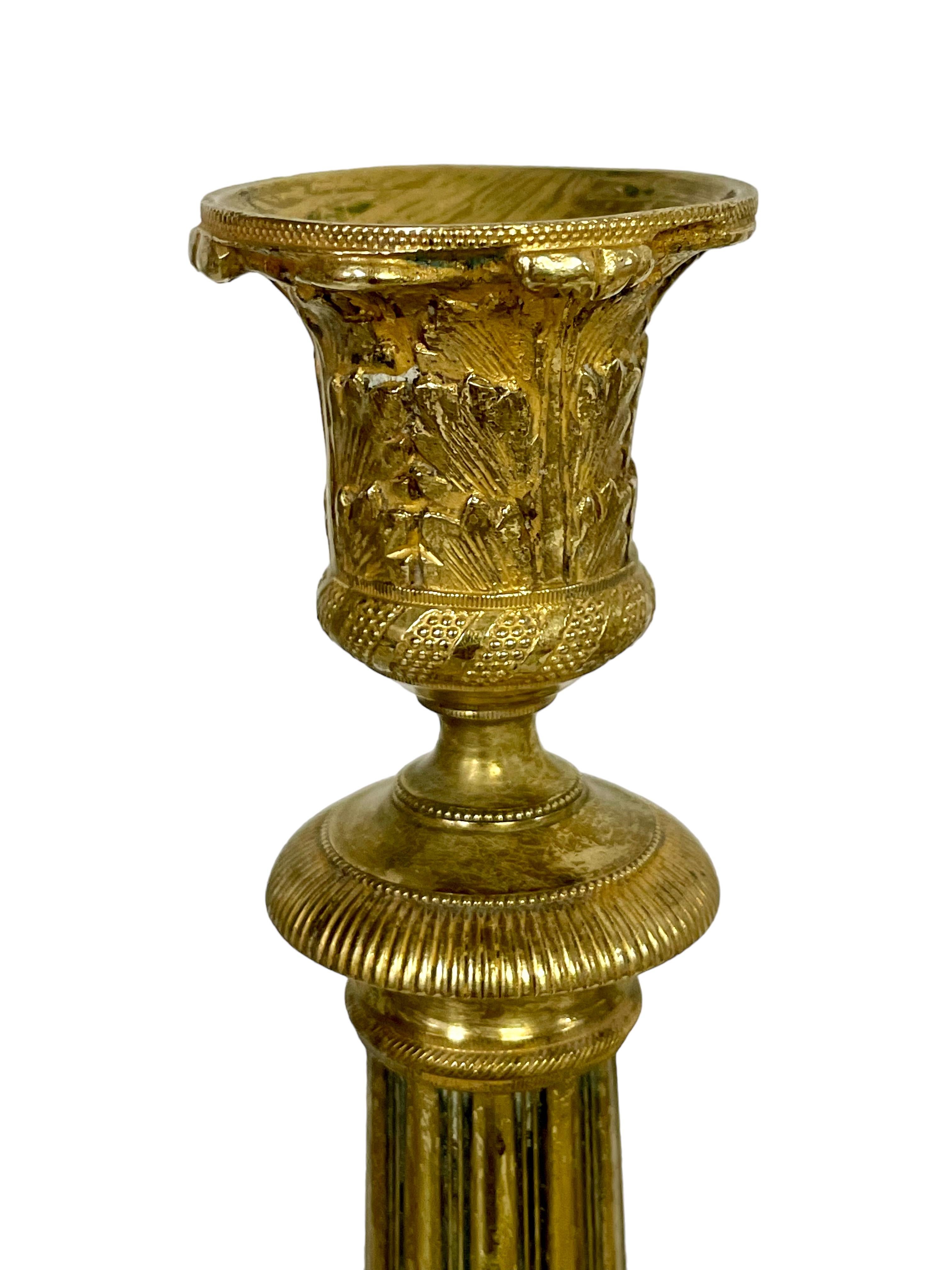 French Pair of Gilt Bronze Neoclassical Candlesticks 19th Century For Sale
