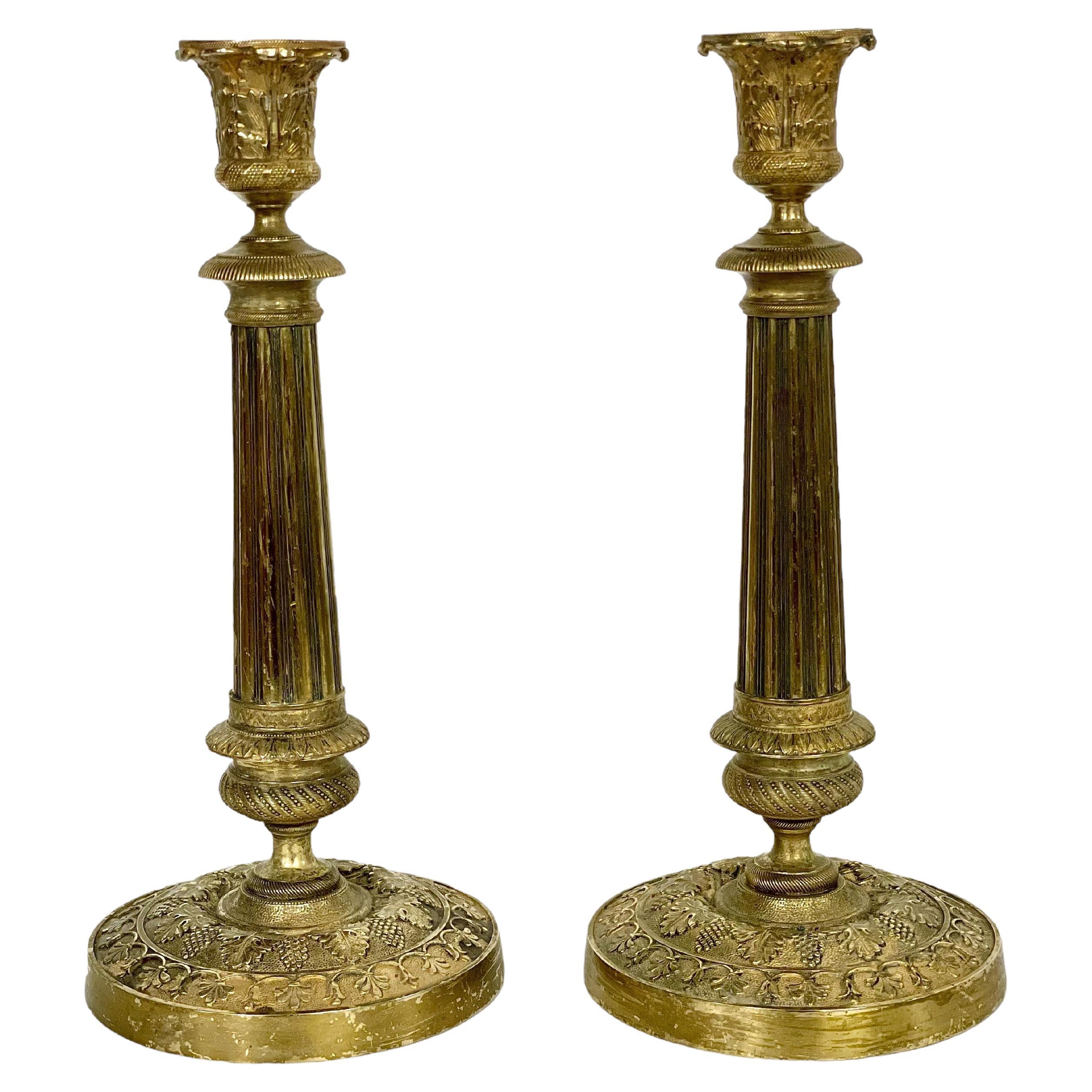 Pair of Gilt Bronze Neoclassical Candlesticks 19th Century For Sale