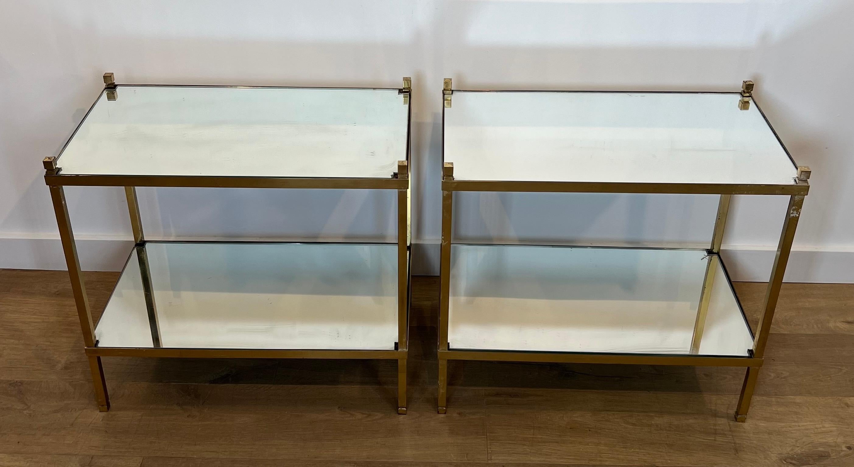 Mid-Century Modern Pair of Gilt Brass Side Tables with Mirror Tops For Sale