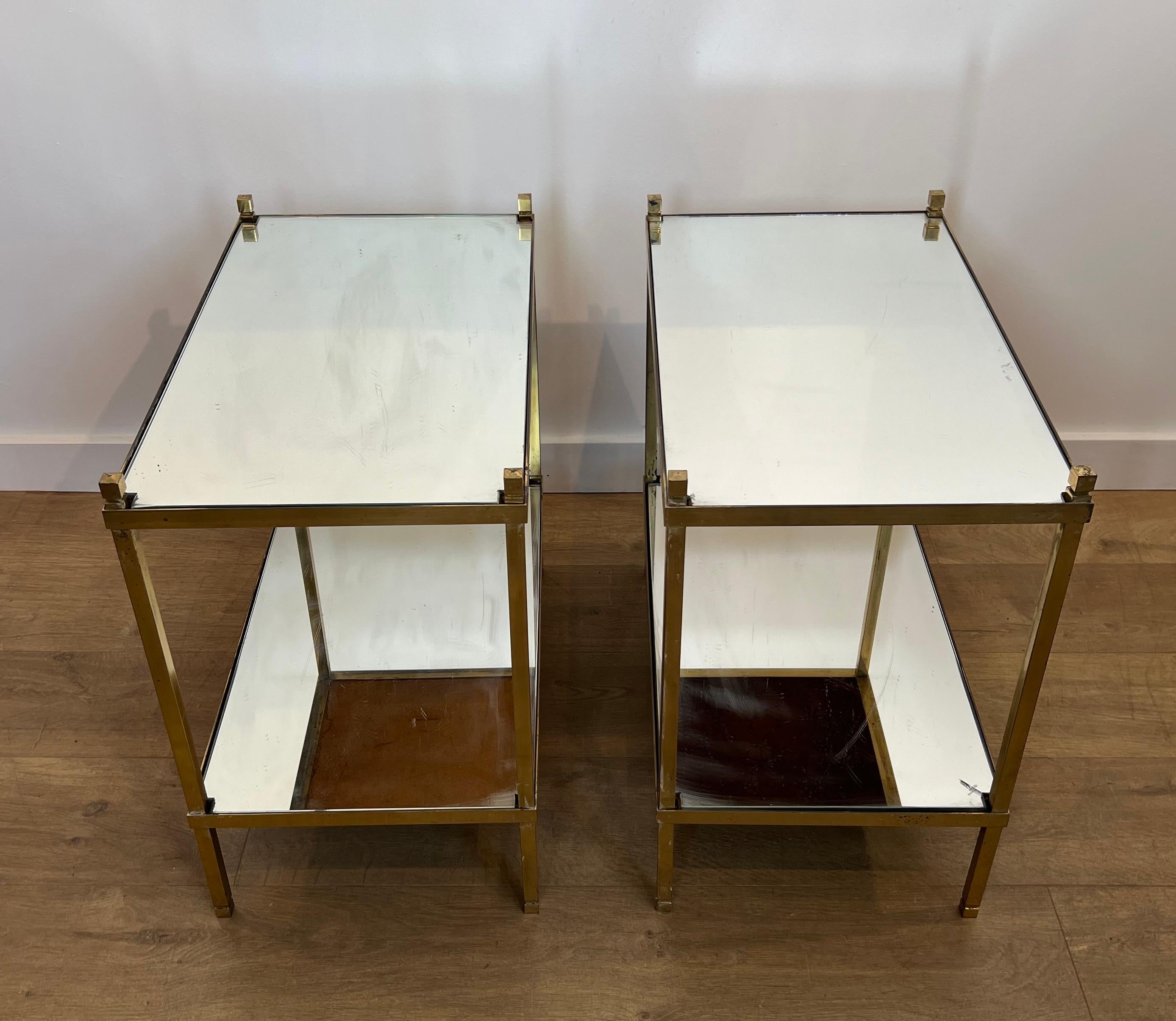 French Pair of Gilt Brass Side Tables with Mirror Tops For Sale
