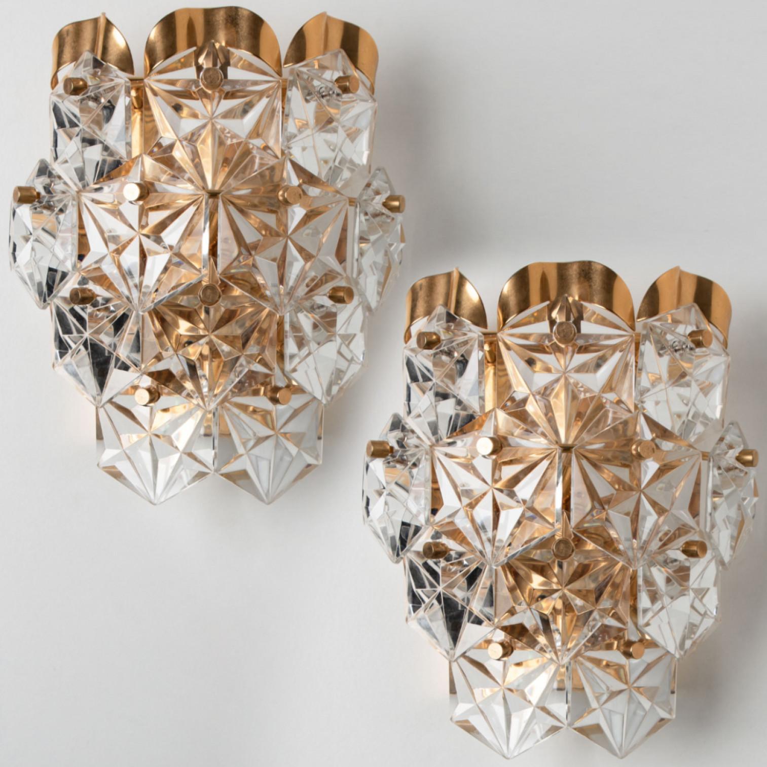 Mid-Century Modern Pair of Gilt Brass with Crystal Glass Wall Lights Kinkeldey, 1970s For Sale