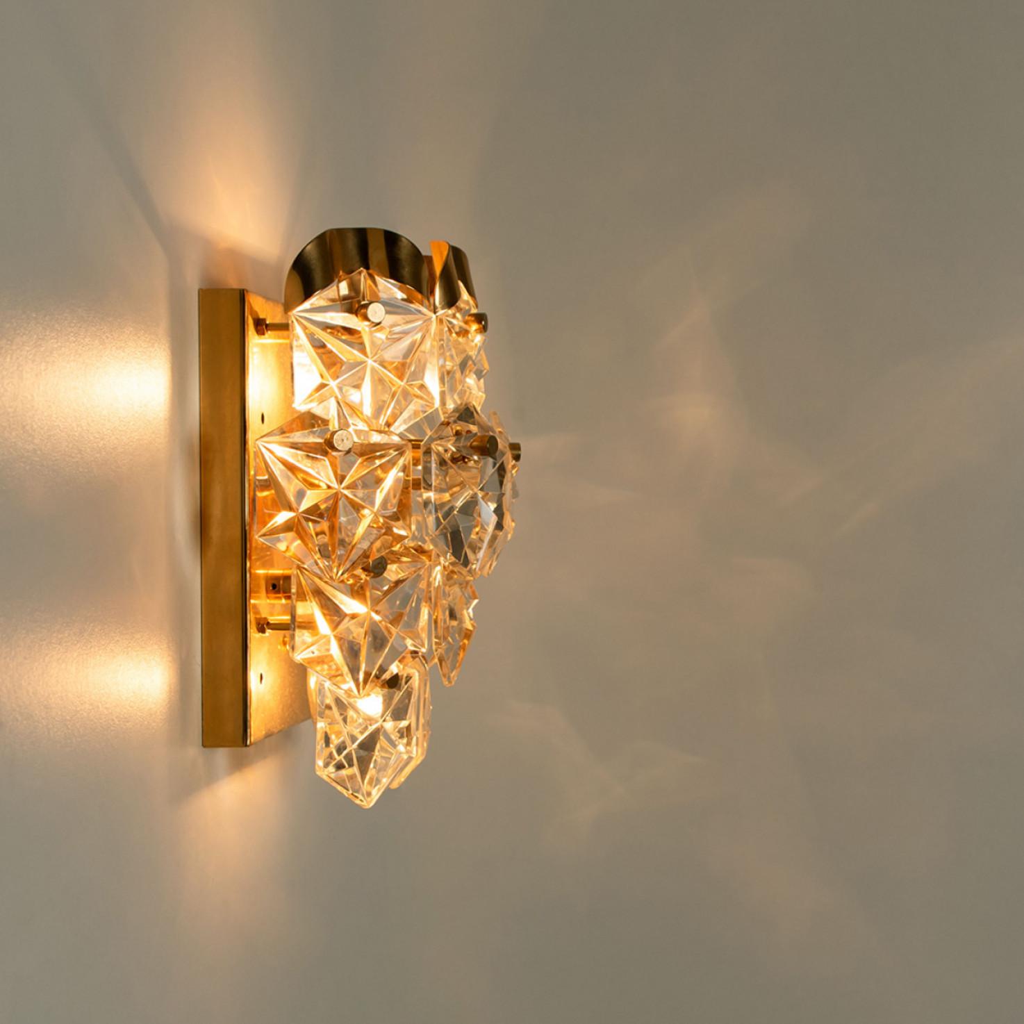 German Pair of Gilt Brass with Crystal Glass Wall Lights Kinkeldey, 1970s For Sale