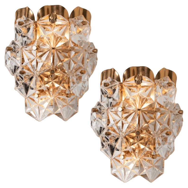 Pair of Gilt Brass with Crystal Glass Wall Lights Kinkeldey, 1970s