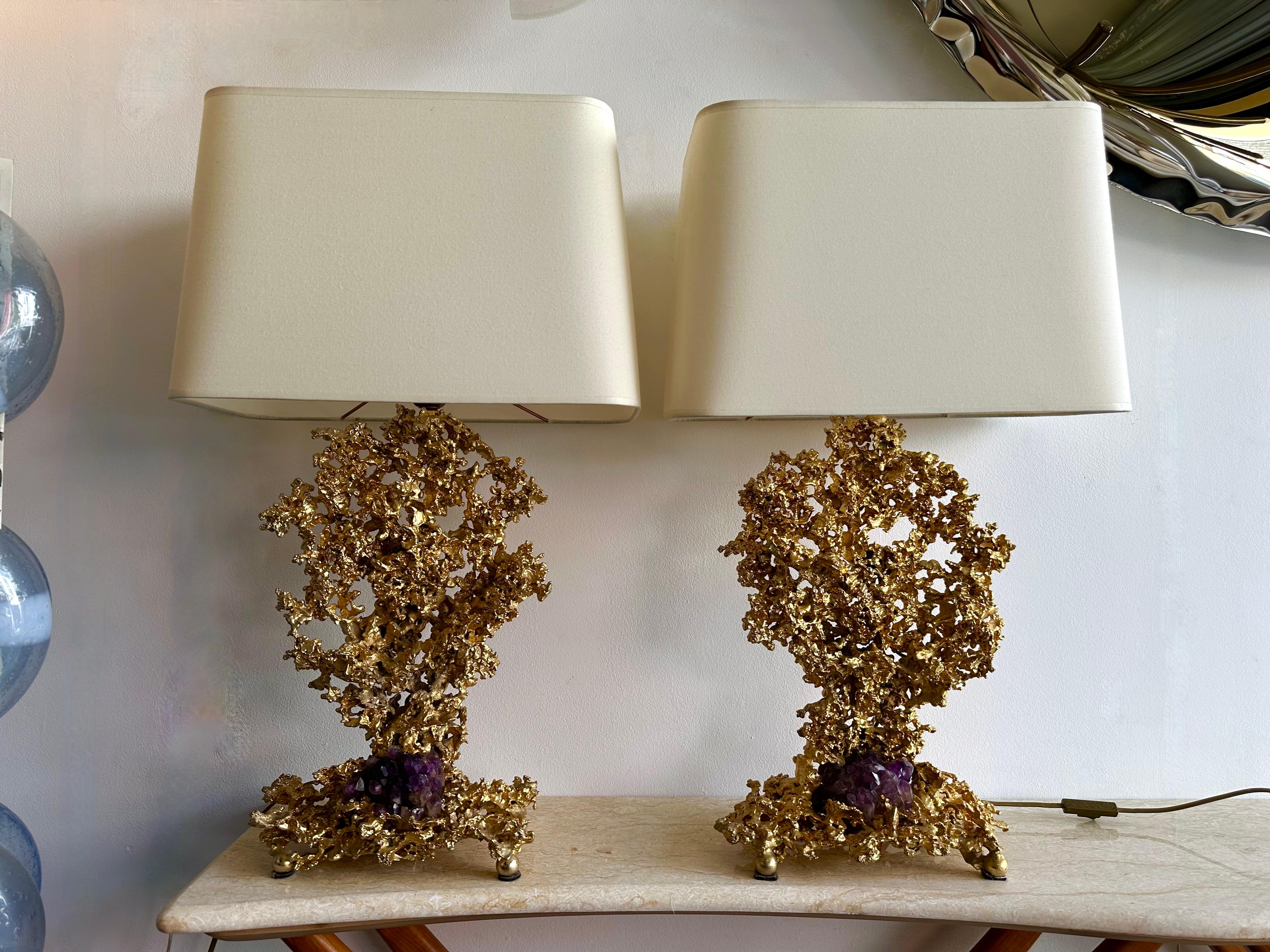 Paar Amethystlampen aus vergoldeter Bronze von Boeltz, Frankreich, 1970er Jahre im Angebot 8