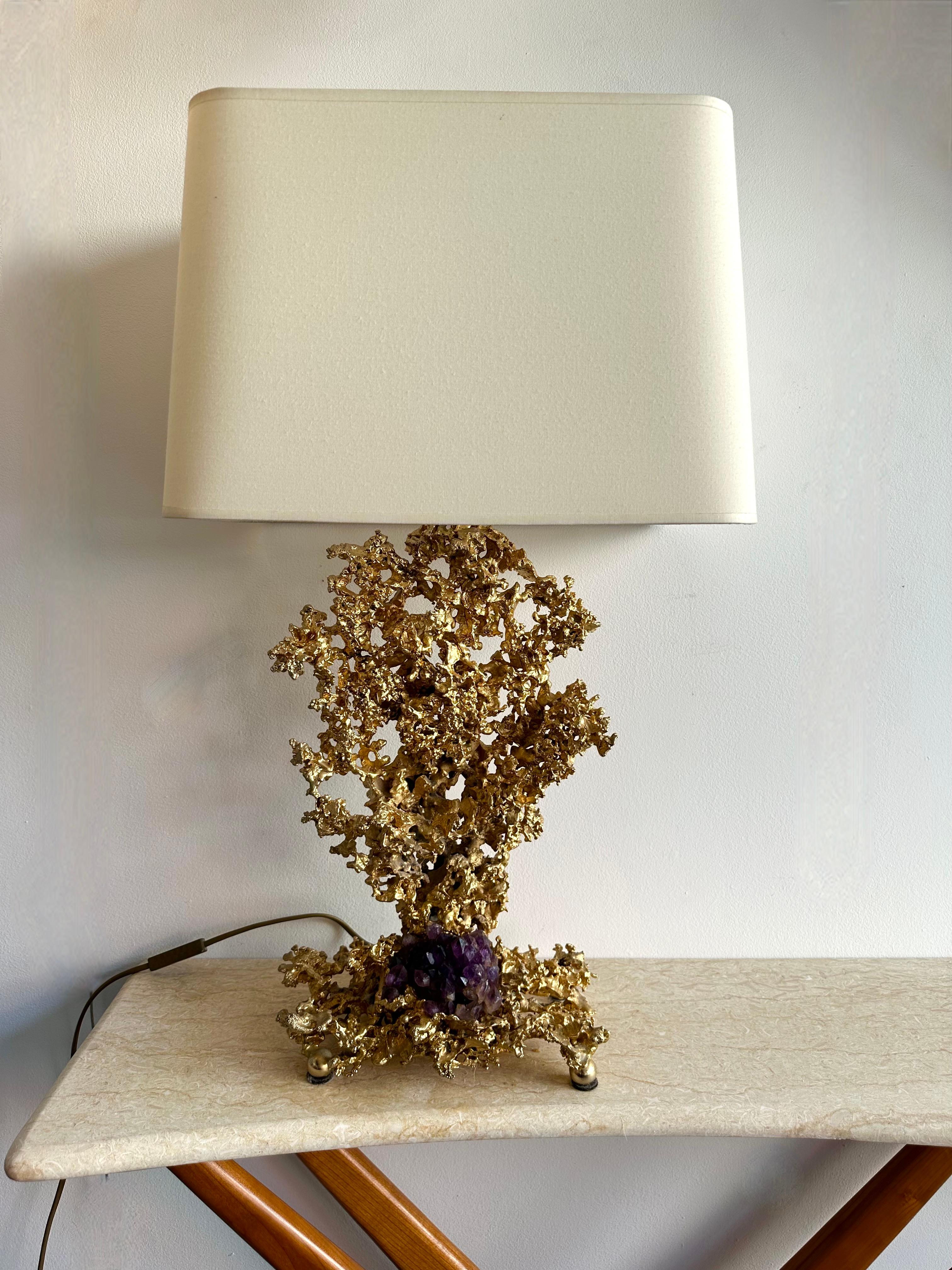 French Pair of Gilt Bronze Amethyst Lamps by Boeltz, France, 1970s
